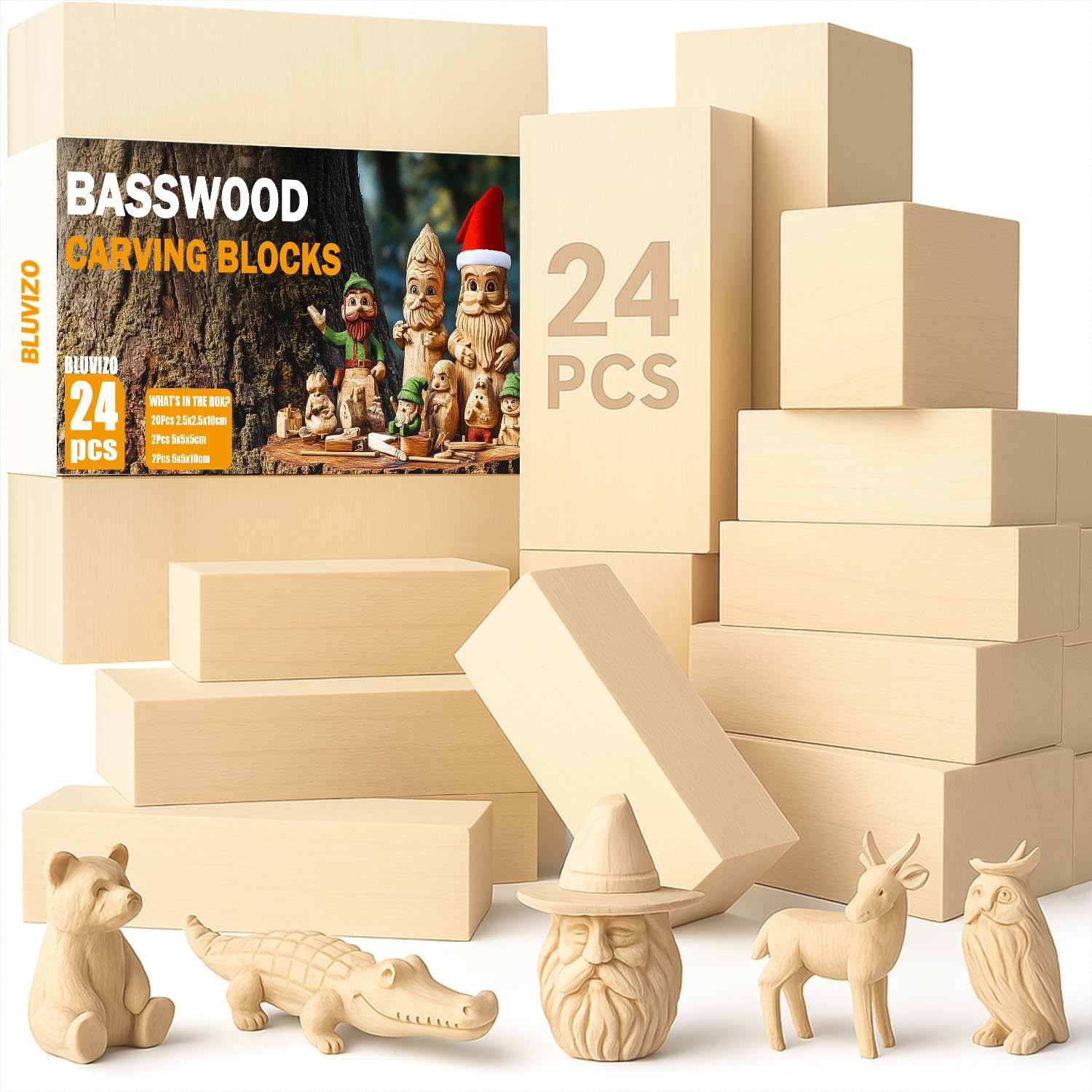 Basswood Carving Blocks 24PCS: Whittling Wood Blocks Wood Carving Kit with 3 Different Sizes - Soft Woodworking Blanks for Crafts Beginners Kids Adults