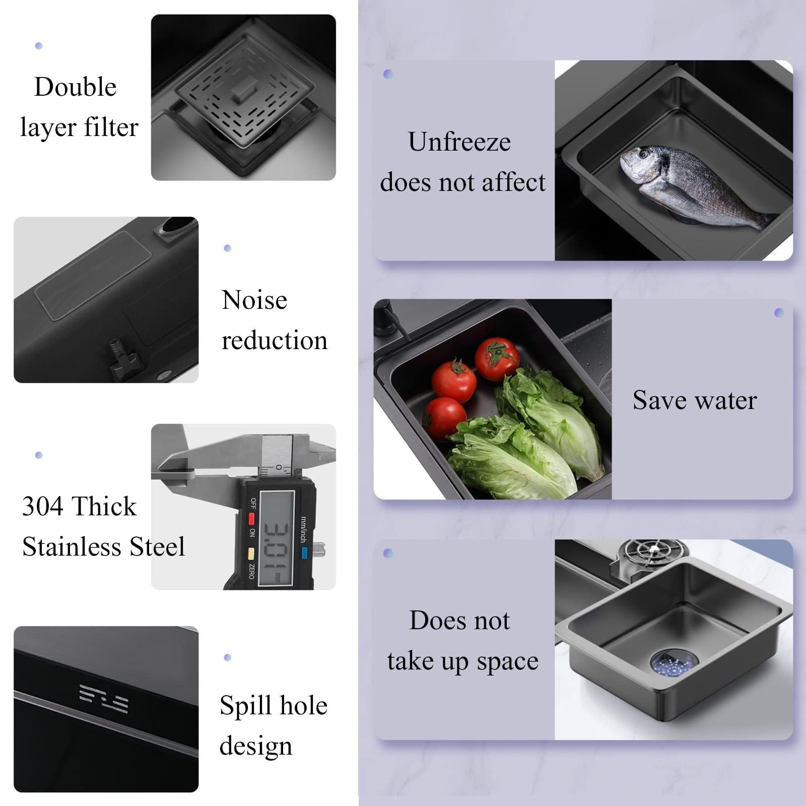 SDdPulse Lavello da bar in acciaio inox di alta qualità con lavabiancheria in vetro e rubinetto, multifunzione, a cascata, per uso domestico e commerciale, nero, 75 x 45 cm