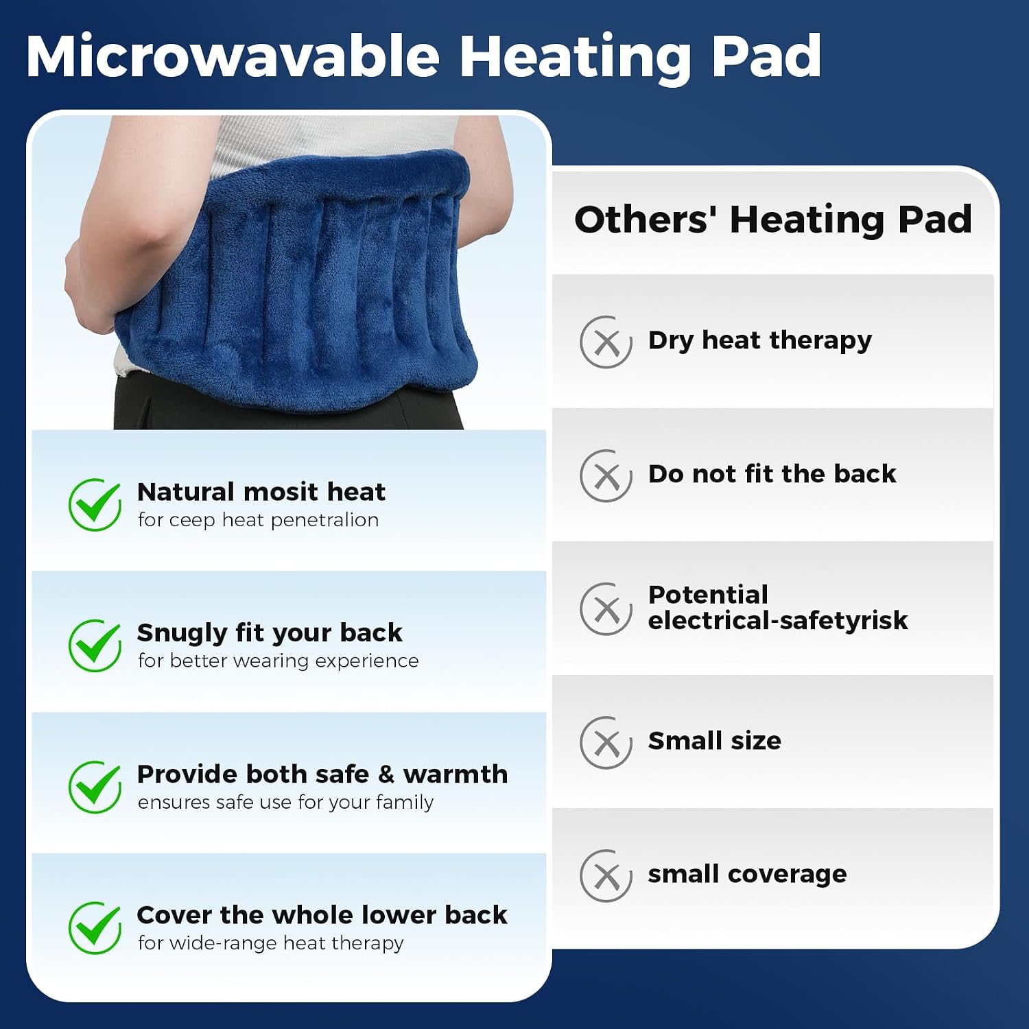Microwave Heating Pad for Lower Back, Waist, Periods Cramps Pain Relief - Wearable Microwavable Heating Pads Heating Pad with Flax Seed for Hot & Cold Therapy, Unscented Heat Pack（Navy Blue）