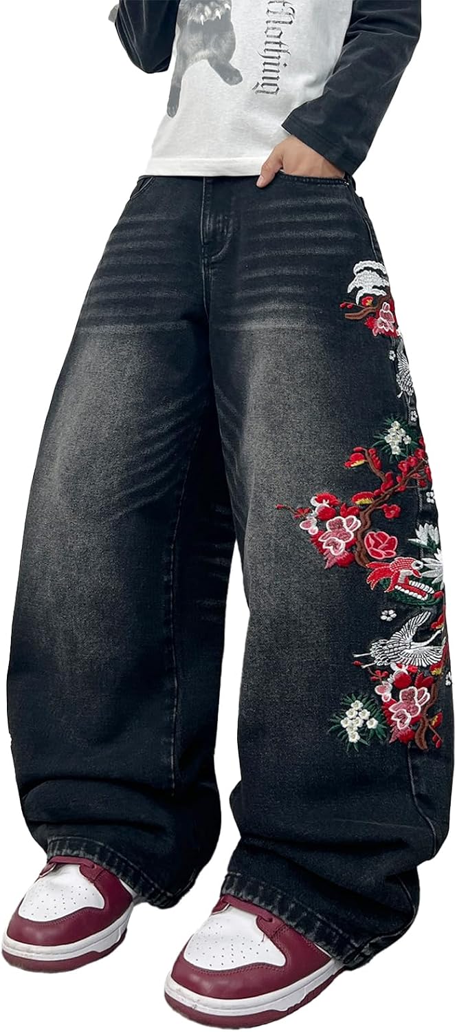 Mens Wide Leg Baggy Jeans Hip Hop Floral Embroidered Casual Loose Fit Skater Denim Pants Streetwear
