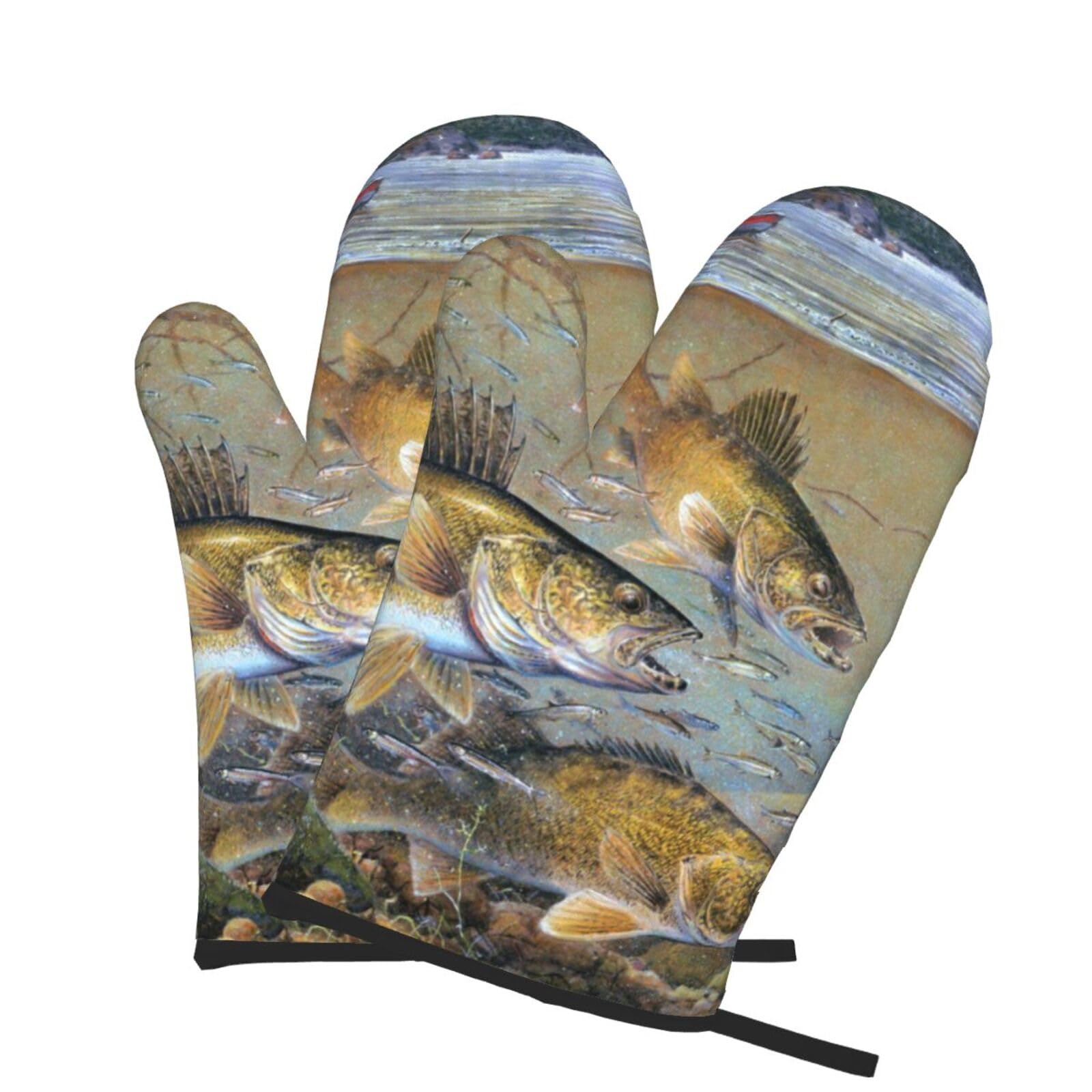 Oven Mitts Set of 2 Pcs, Fishing Lake Fishermen Prints Heat Resistant Kitchen Gloves for Cooking Baking Grilling