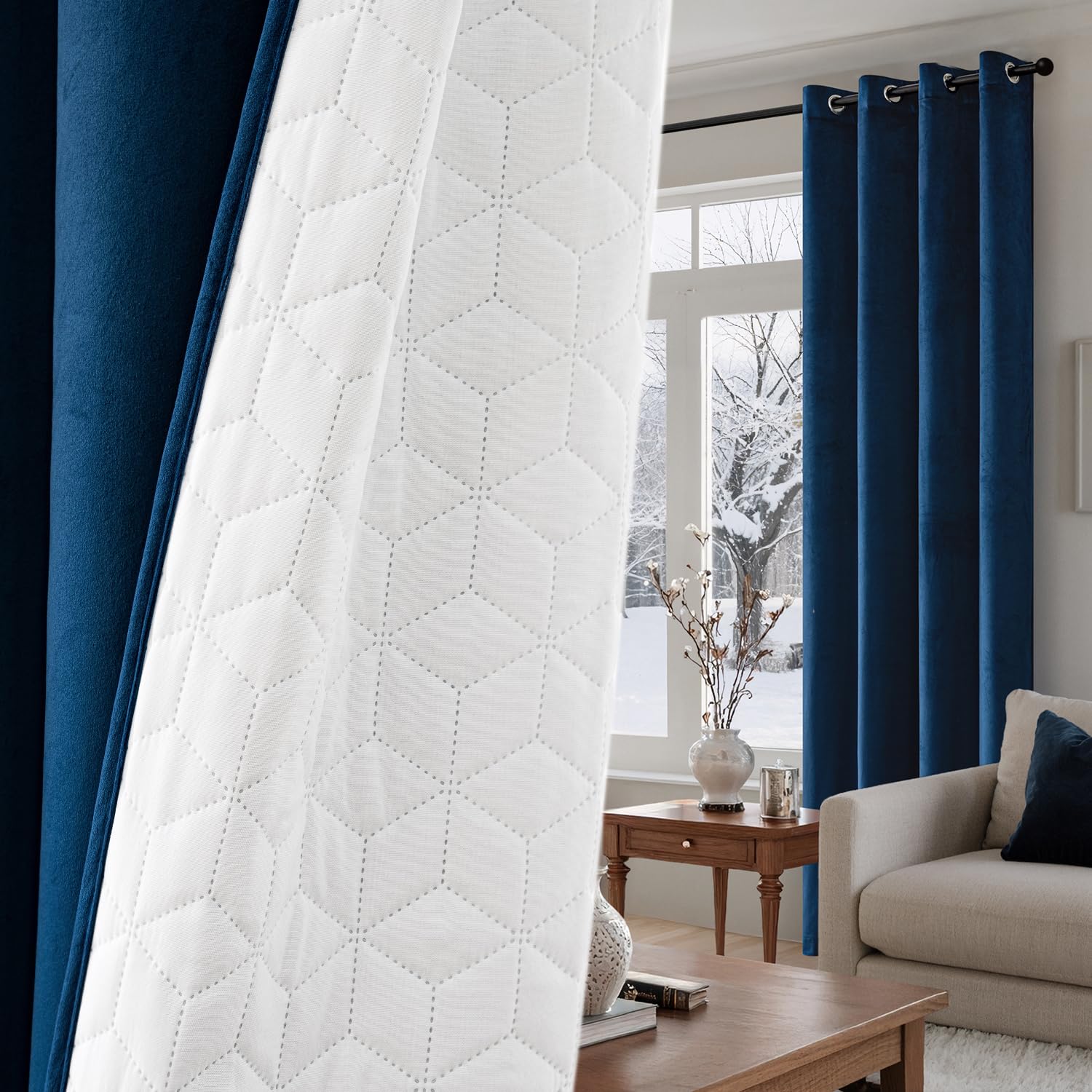 MIULEE Rideau Velours Bleu 1 Pièce Double Epais Matelassée Oeillets | Rideau Occultant Thermique Isolant Anti Froid Chaleur, Adapté Pour Fenêtre et Porte D'entrée Maison