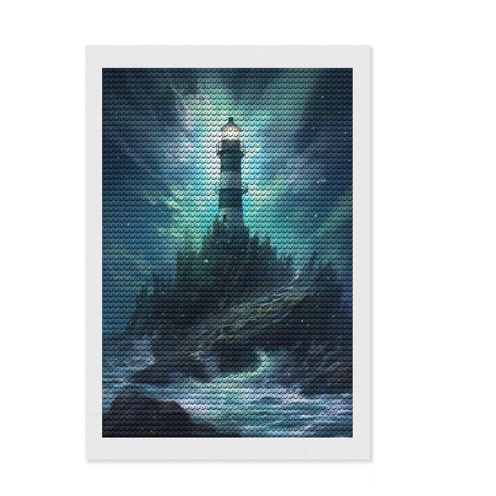 Junmoney Lighthouse on A Rocky Shore Diamond Painting Kit 8"x12", Relaxing DIY Hobby, Neat Printed Canvas, Home Wall Decor, Thoughtful Handmade Gift