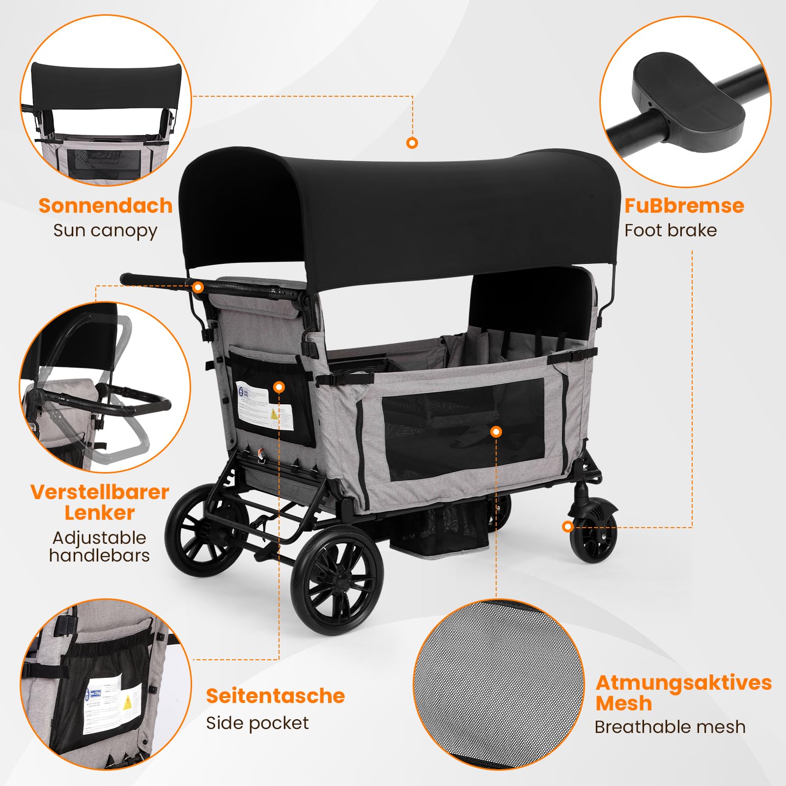 Carretto per bambini con sedile, passeggino pieghevole per 4 bambini, maniglione regolabile in 8 posizioni, capottina parasole e vassoio, ruote in PU per tutti i terreni, tasca laterale,portabevande