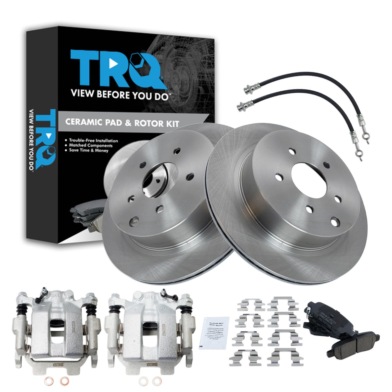 TRQ Rear Brake Pad &amp; Rotor Kit Ceramic Compatible with 2012-2013 INFINITI M35h 2011-2013 M37 M56 2014-2018 Q50 2017-2018 Q60 Q70 2016-2018 Q70L