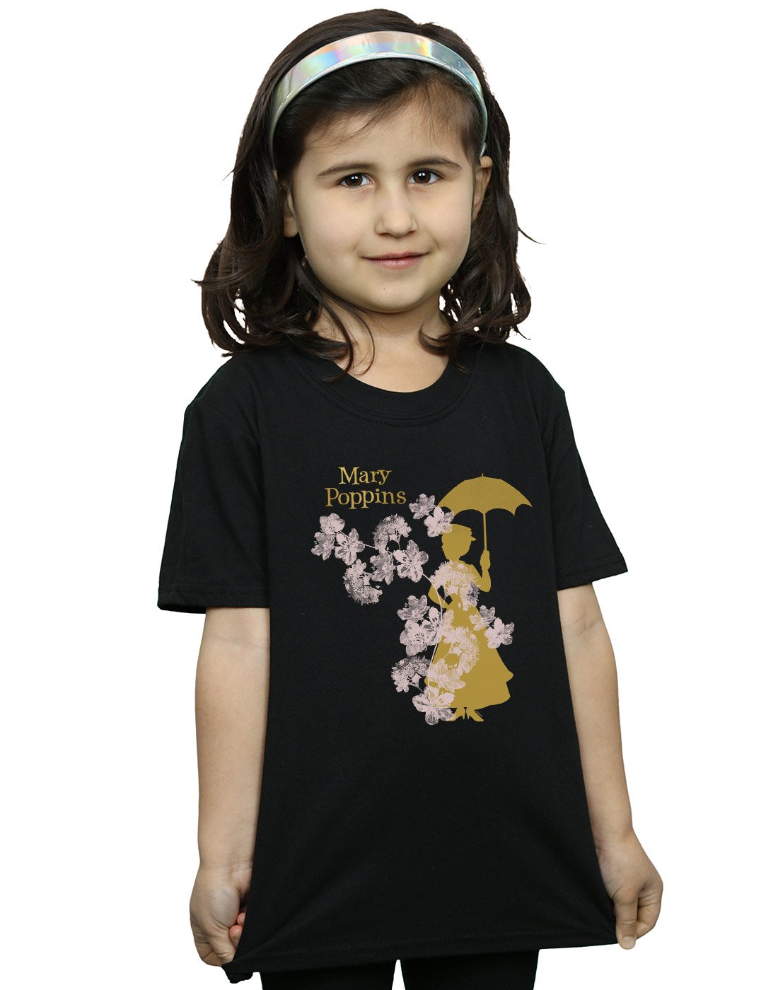 Disney Girls Mary Poppins Floral Silhouette T-Shirt Black 12-13 Years