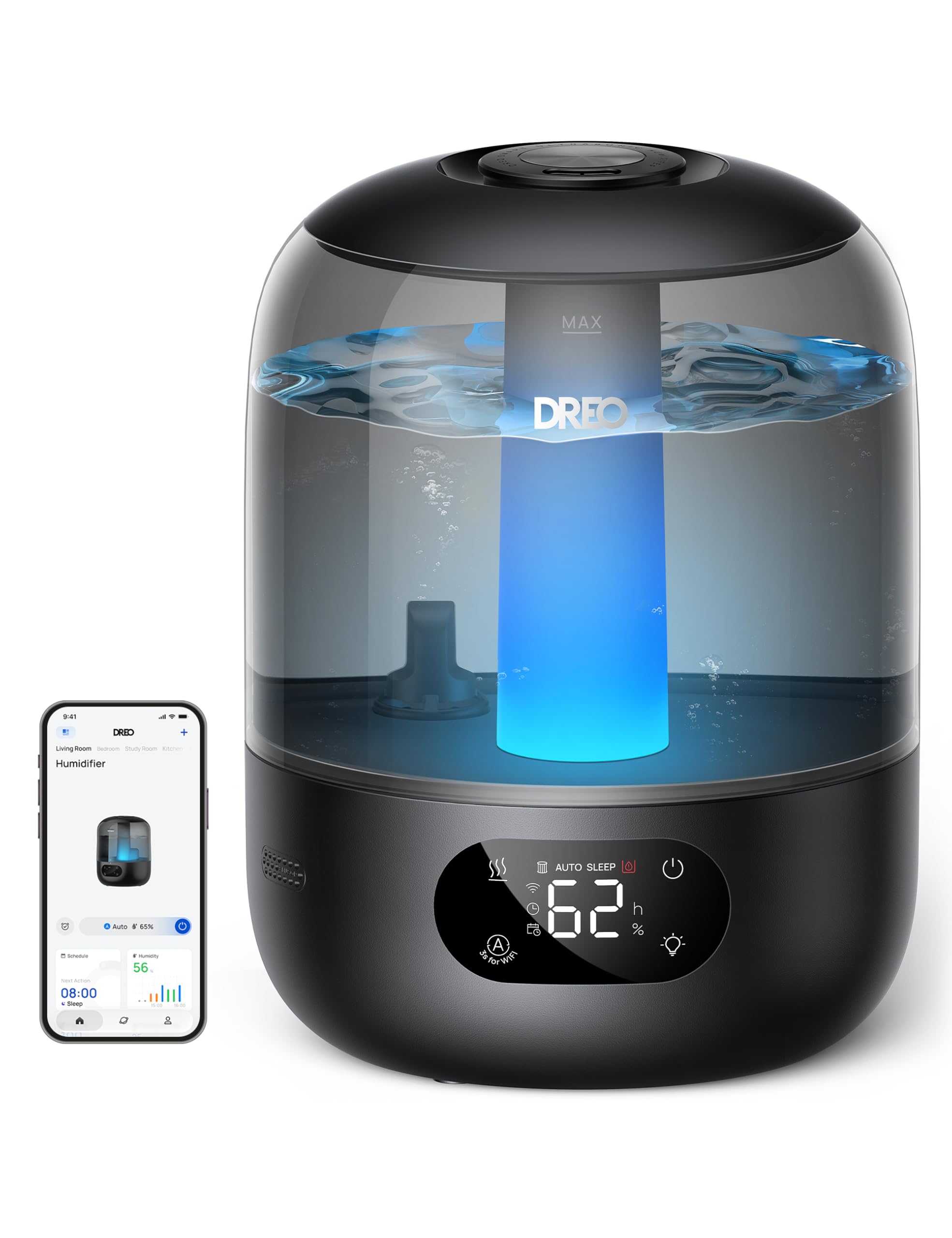 DREO 20dB Quiet Smart Humidifier for Bedroom with Sensor & 5 RGB Lights