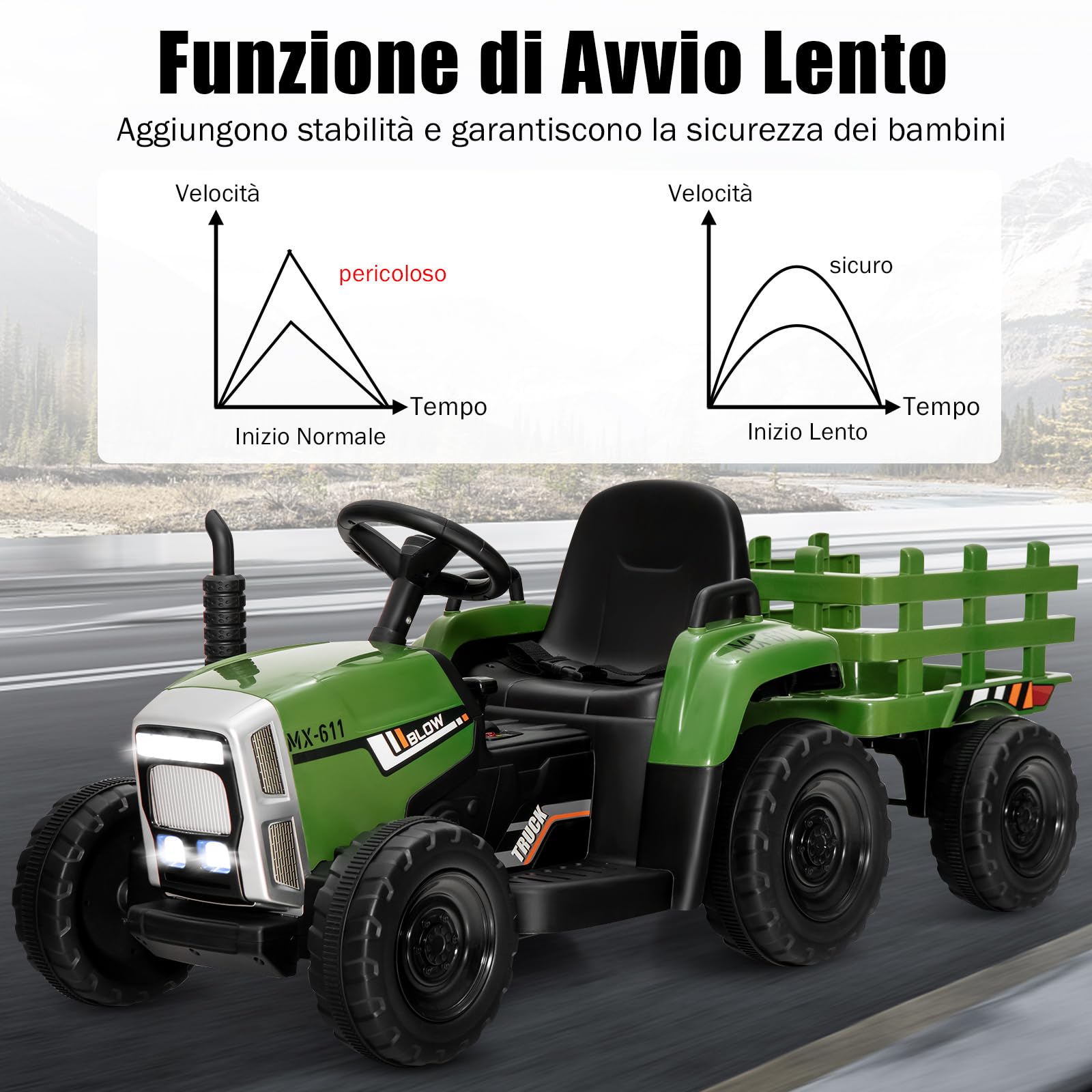 GYMAX Trattore Elettrico per Bambini con Telecomando, Giocattolo Cavalcabile con Funzione di Luce, Musica e Bluetooth, 6 Ruote Antiscivolo, 136 x 51 x 52 cm (Verde Scuro)