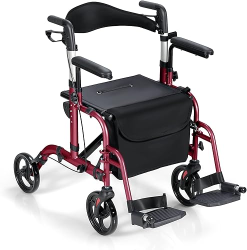 Miniatura 1 de GYMAX Caminador plegable 2 en 1, caminante de aluminio de 4 ruedas con respaldo reversible, altura ajustable y soporte de bastónparaguas, silla de