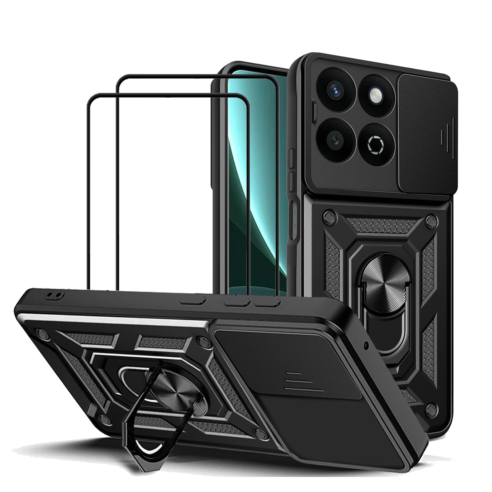 CNPUTAO for Honor 200 Smart 5G / Honor X7c 4G Case with Slide Camera Cover and Stand Kickstand Ring with Tempered Glass Screen Protector [2 pieces],Military Grade Shockproof Protective Cover, Black