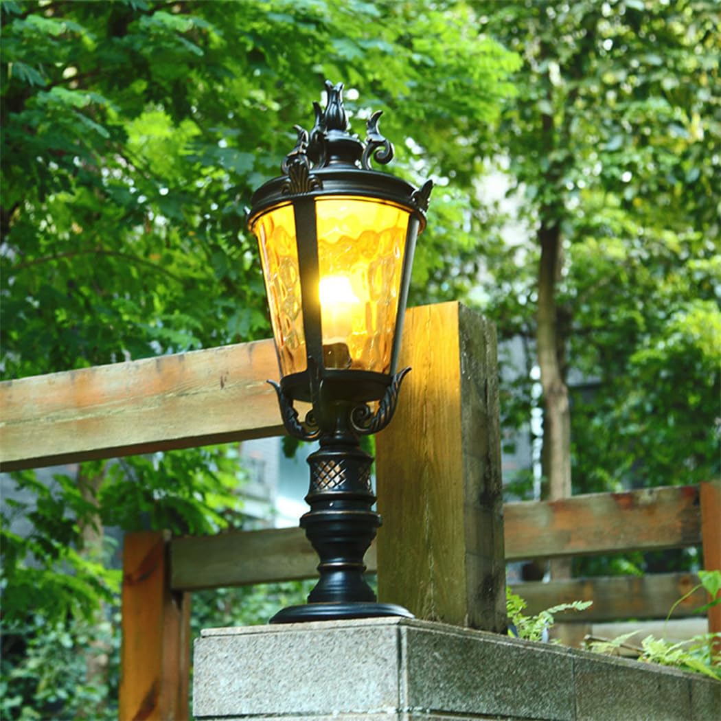 Bardzo długa aluminiowa lampa stojąca, klasyczny styl, czarne wykończenie w stylu vintage, z podstawą mocującą na filarze, idealna do ganku, ogrodu lub podwórza - szklana latarnia E26