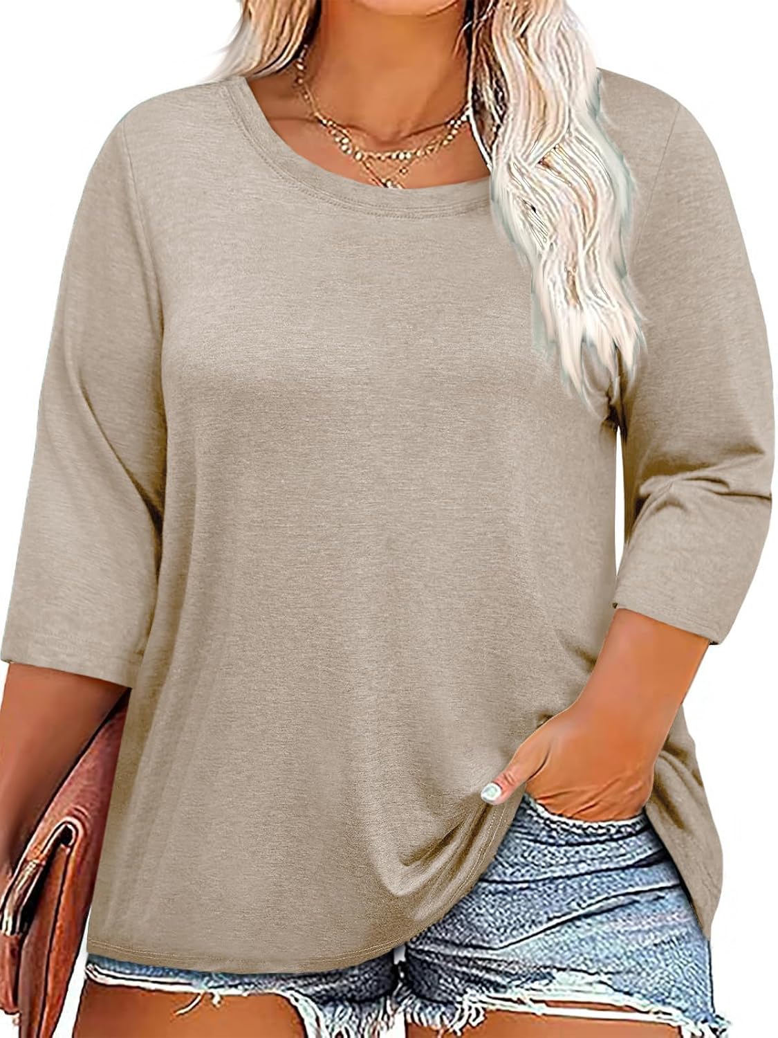 ZDC Women's Plus Size Tops 3/4 Sleeve Crew Neck T Shirts Loose Fit Tee Tunic Casual Blouse