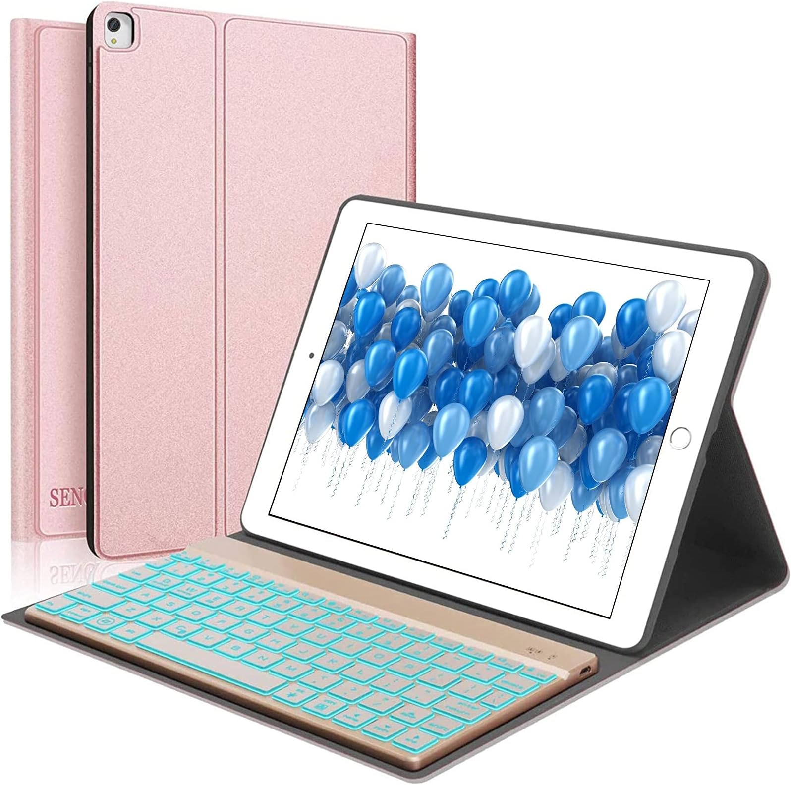 SENGBIRCH Keyboard Case for Pro 5 Generation 12.9 inch 2021, Pro 4th Generation 2020, 7 Colors Backlit Detachable Keyboard, PU Leather Stand Slim Protective Cover, Rose Gold