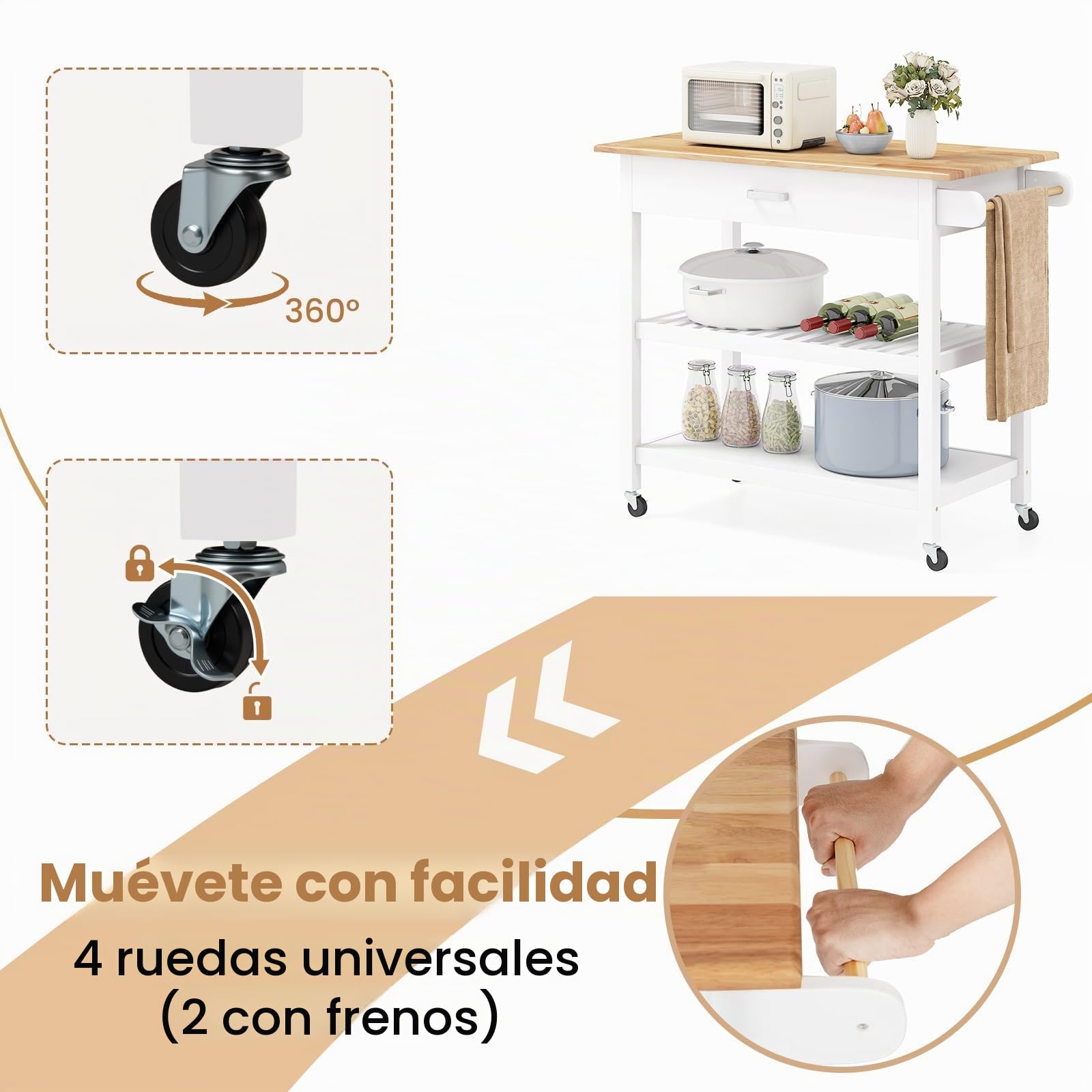 KOMFOTTEU Carro de Cocina con 4 Ruedas, Carrito de Servicio con Encimera, Cajón, 2 Estantes Abiertos, Isla de Cocina con Toallero Lateral, Carrito de Auxiliar para Comedor, 106 x 50 x 89 cm