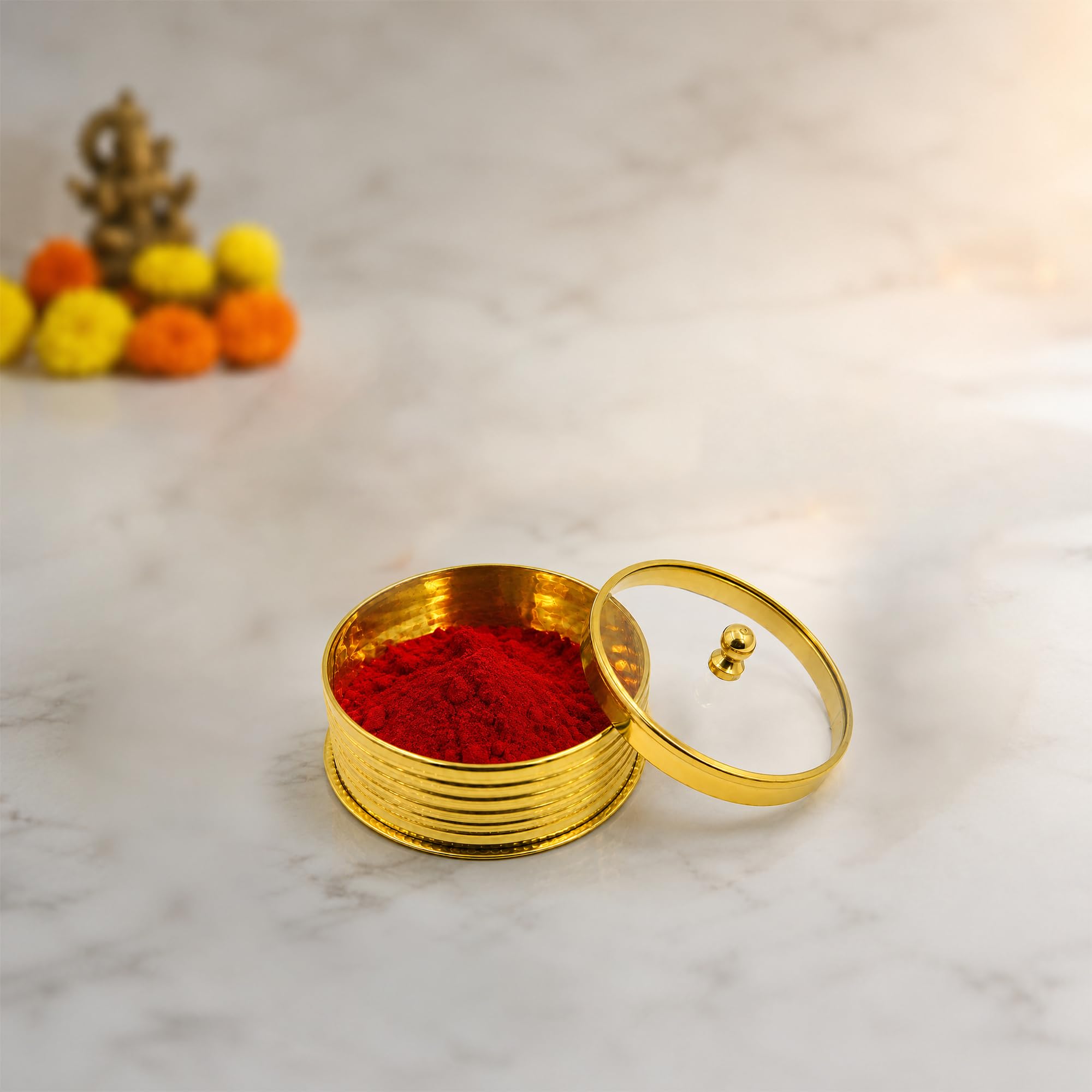 Putrika Brass Box Pooja | Puja | Roli | Chawal | Chandan | Haldi | Kumkum Puja Box | Sindoor | Turmeric | Dabbi | Dibbi | Dhani | Dani Lid Holder | Transparent Lid kumkum - Acralic kumkum (1)