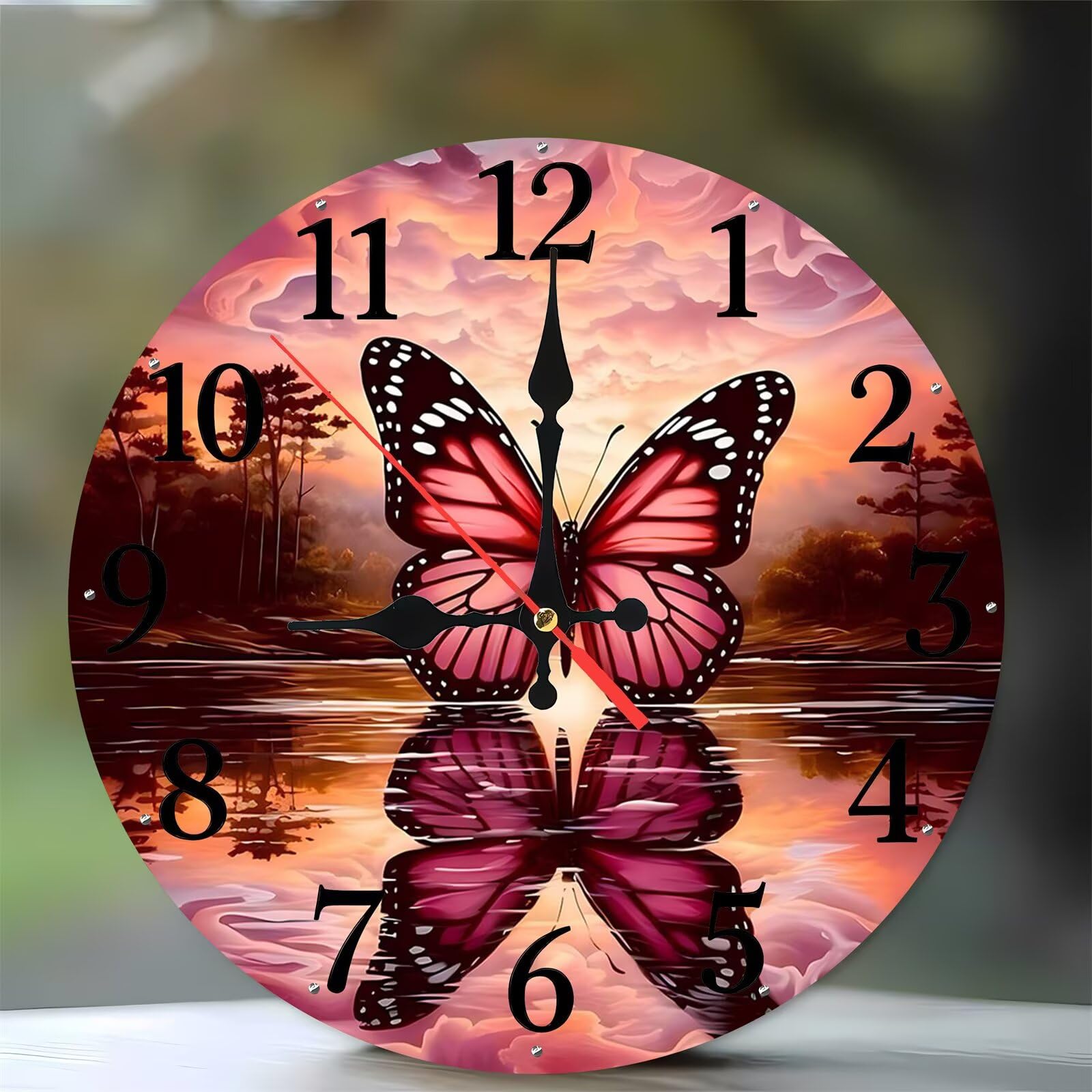 Horloge murale rose 35 cm motif papillon en bois silencieuse pour la maison