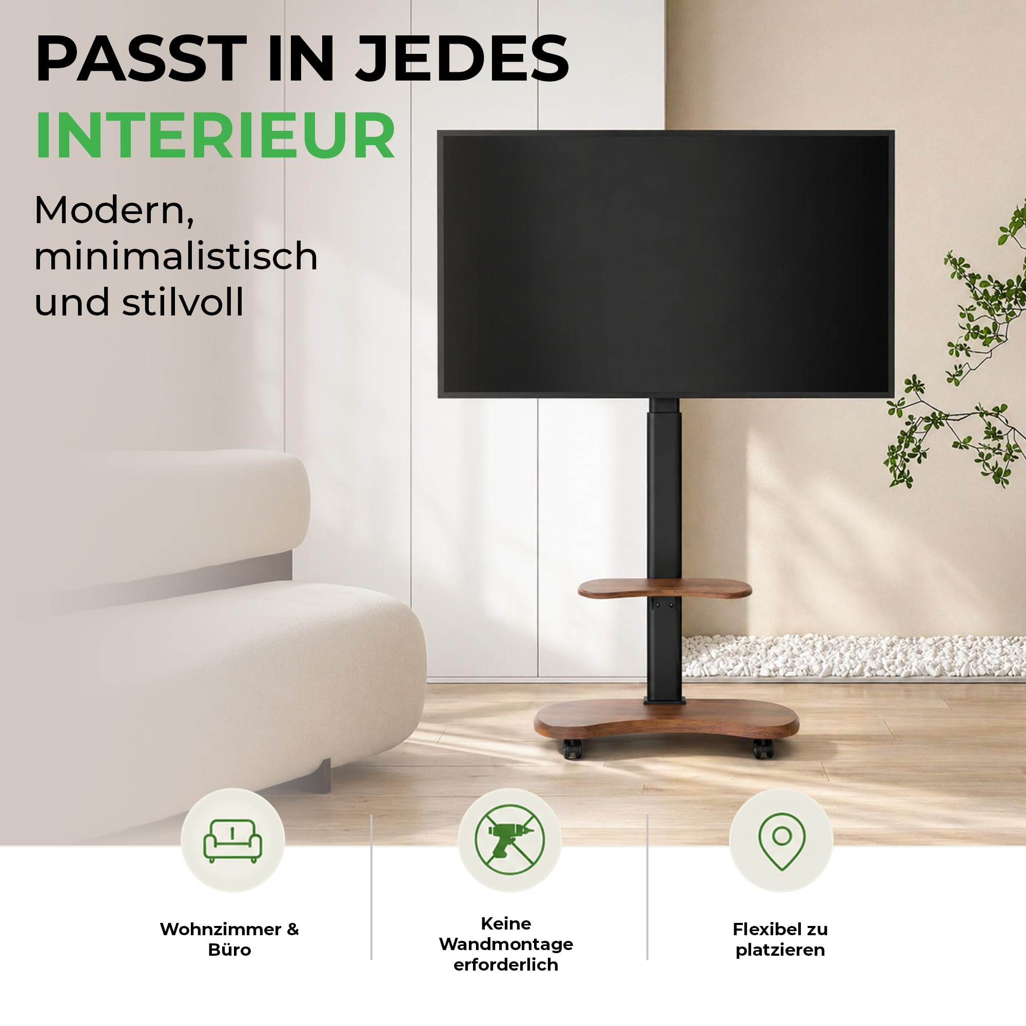 Stellar TV Ständer Rollbar mit Holzregal - höhenverstellbar schwenkbar TV Rollwagen für 32-70 Zoll Fernseher bis 45 kg - Universal TV Standfuss max VESA 600x400