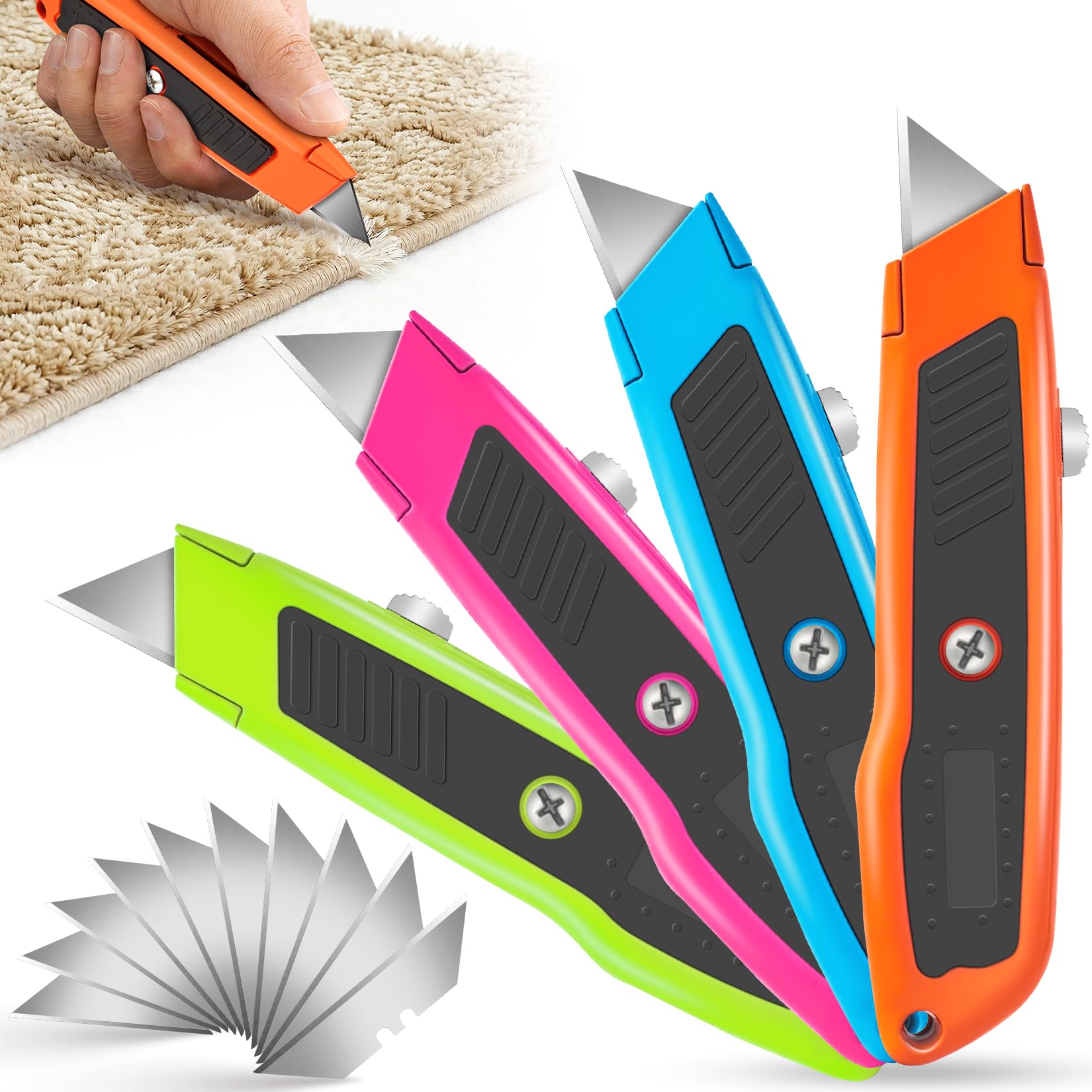 Confezione da 4 taglierini retrattili, in lega di zinco resistente, per cartone, scatole e cartoni, vinile, moquette, pelle, apriscatole per casa e ufficio, 10 lame extra
