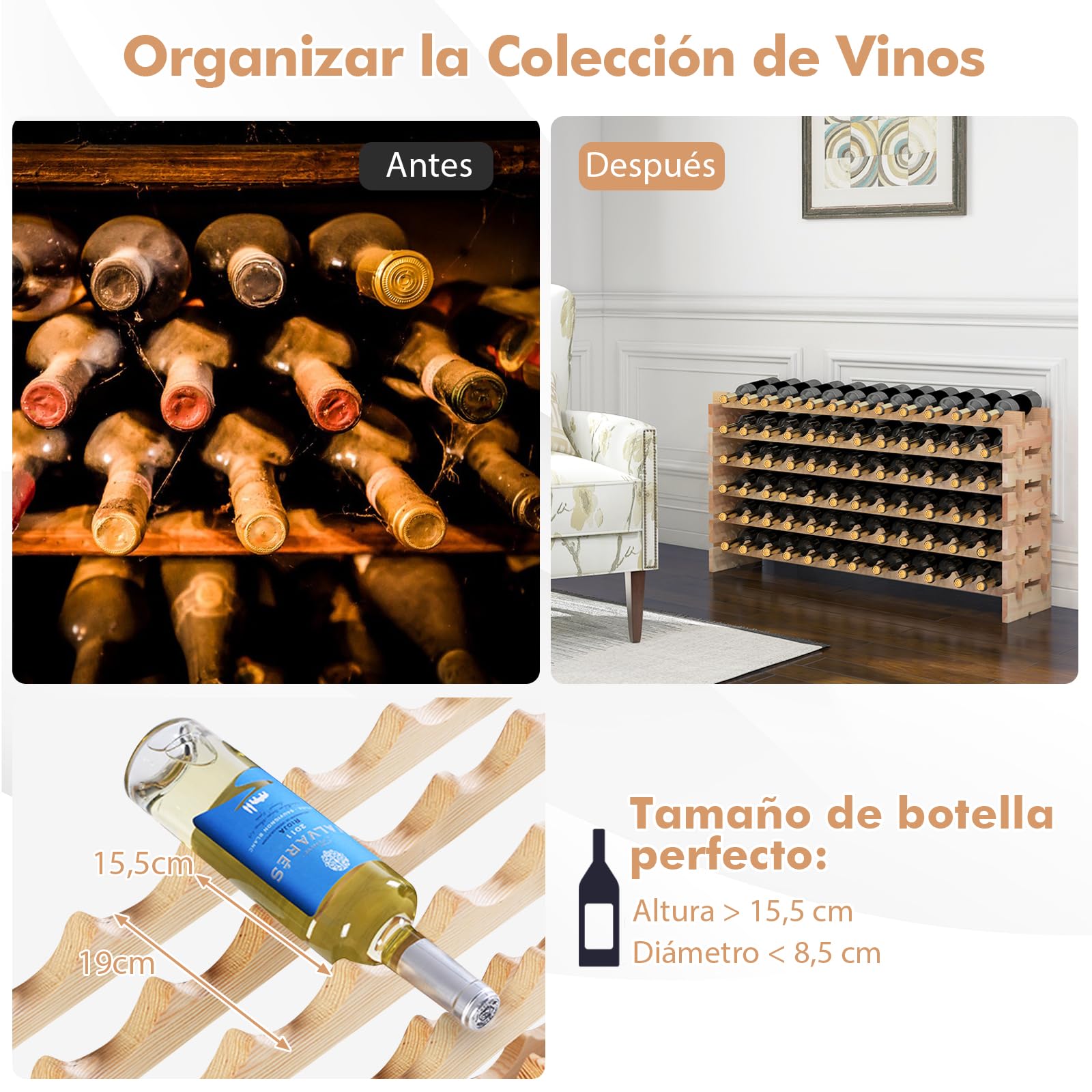 GOPLUS Botellero Vino de Pino para 72 Botellas, Botellero Apilable de Madera con 6 Niveles, Estantería de Vino, para Cocina Hogar Bar, Gran Espacio (72)