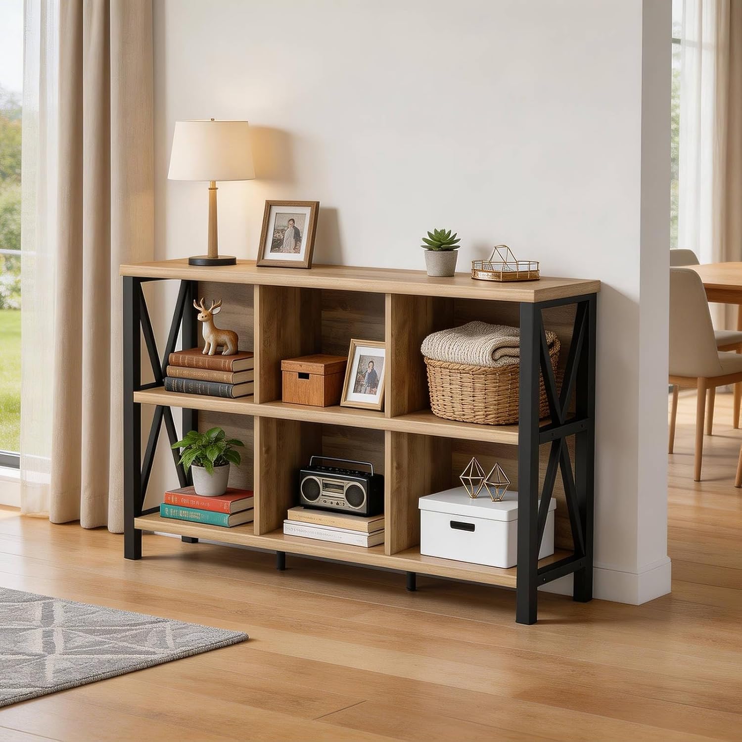 FATORRI 6 Cube Storage Organizer with Shelf, Long Wood and Metal Cubby Bookcase, Industrial Horizontal Bookshelf (Rustic Oak, 47 Inch) | with Shelf, Long, Horizontal Bookshelf