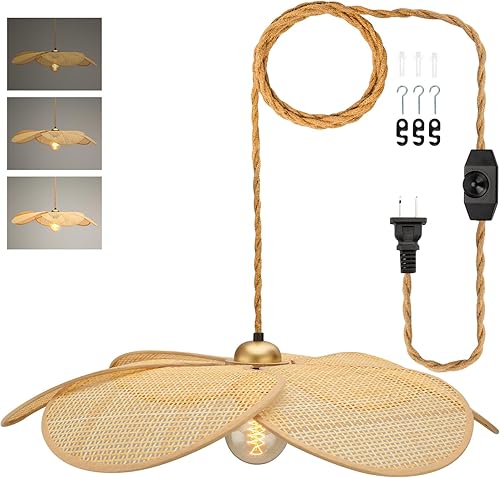 Lámpara colgante de bambú para enchufar, pantalla de ratán tejida a mano con flores de 24 pulgadas, lámpara bohemia regulable sin escalones, lámpara