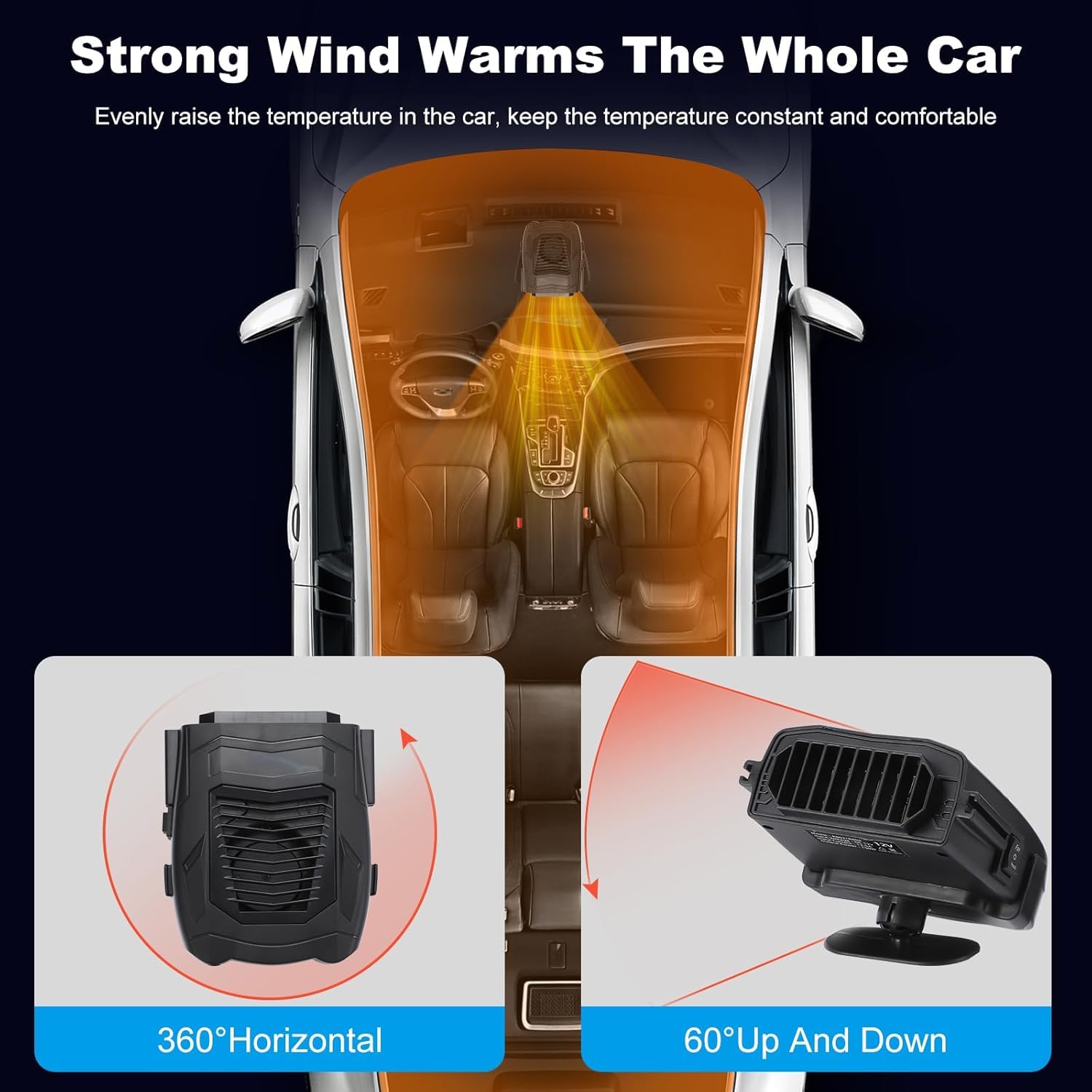 Coikes 150W 12V Désembueur De Voiture Pare-Brise Portable Chauffage De Voiture Ventilateur De Refroidissement Chauffage Portable De Voiture 2 en 1 Dégivreur Chauffage De Voiture avec Pivotant à 360°