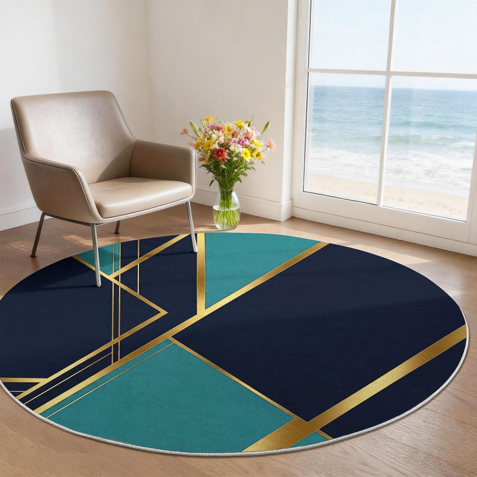 Tapis Rond Salon 180 cm Géométrique Abstrait Blocs De Couleur Bleu Canard & Lignes Dorées Tapis de Sol Décoration Antidérapant pour Salle De Séjour Intérieur, Bleu Doré