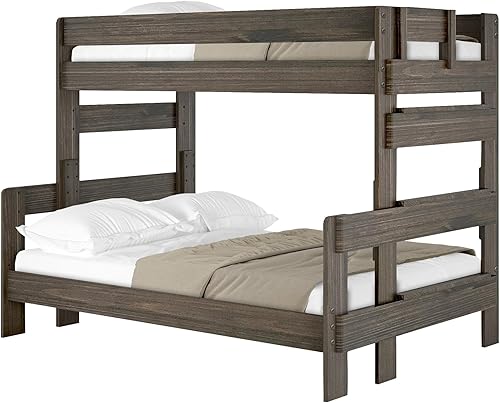 Miniatura 10 de PlankBeam Litera de madera rústica marco de cama individual sobre matrimonial litera de alta resistencia para adultos no necesita somier marrón