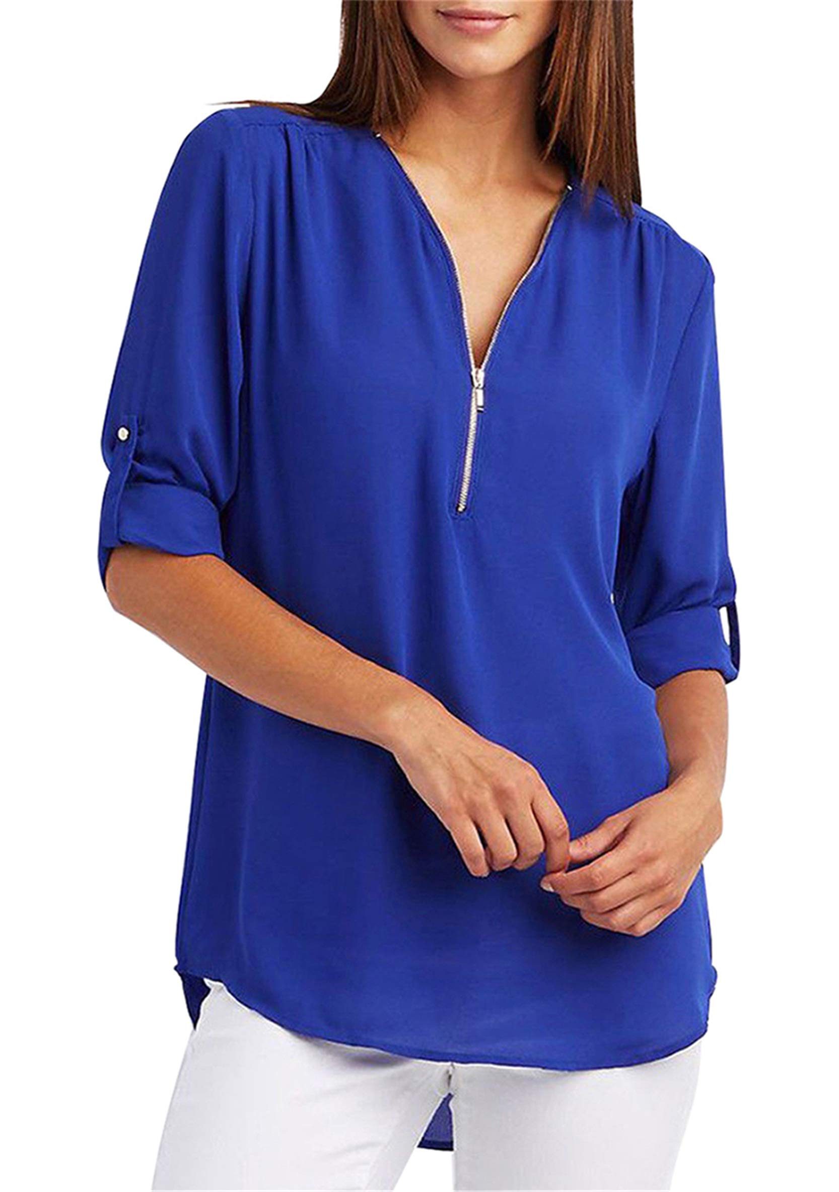 WIWIQS Women's Casual Split V Neckline Zipper Chiffon Blouses Loose Tunic Long Sleeve Shirt Tops