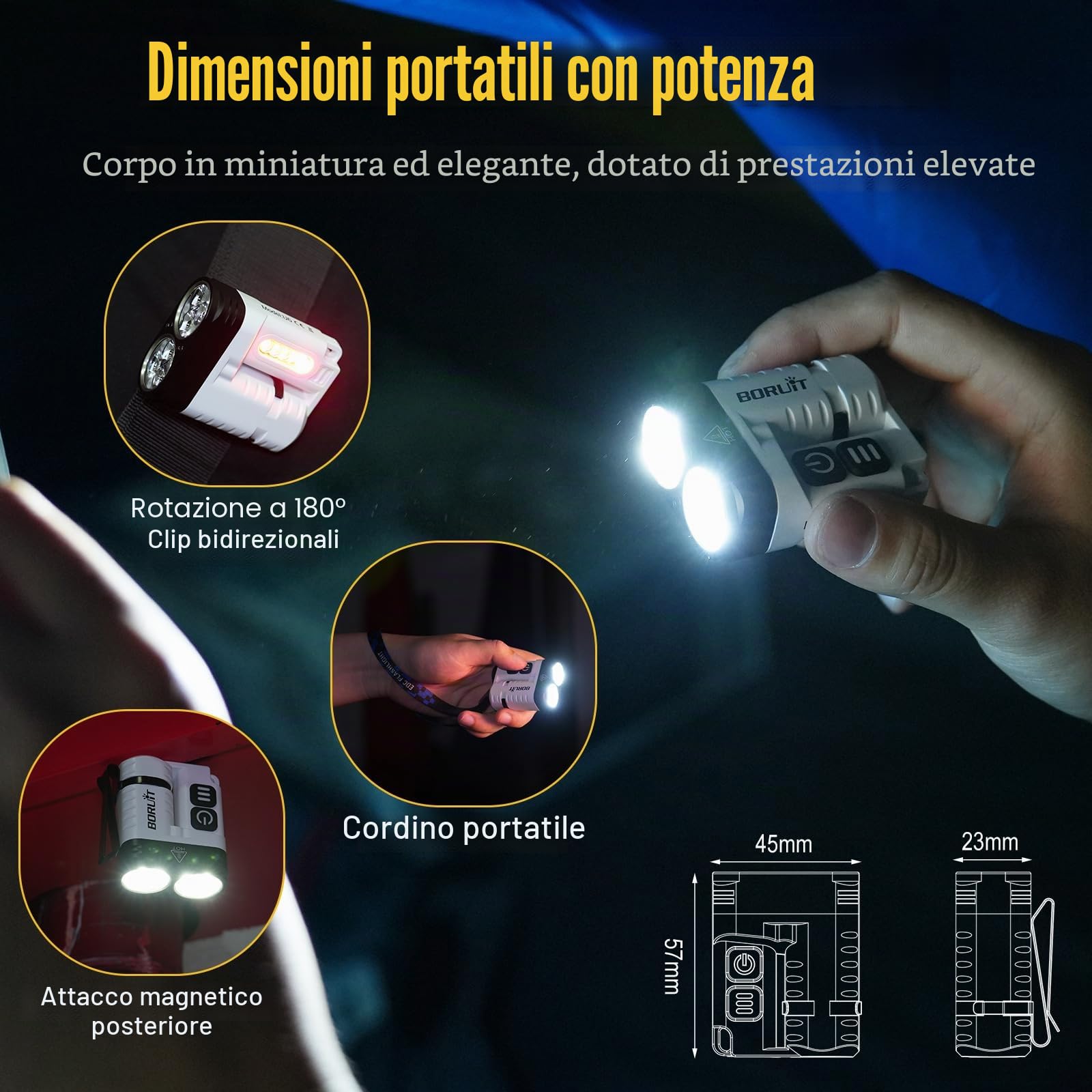 BORUIT U6 Mini Torcia, 1600 Lumen Torcia Ricaricabile, Super Luminoso 9 Modalità, con IP68 Impermeabile, Clip Rotante, Coda Magnetica, per Campeggio Lavoro Emergenza (bianco)