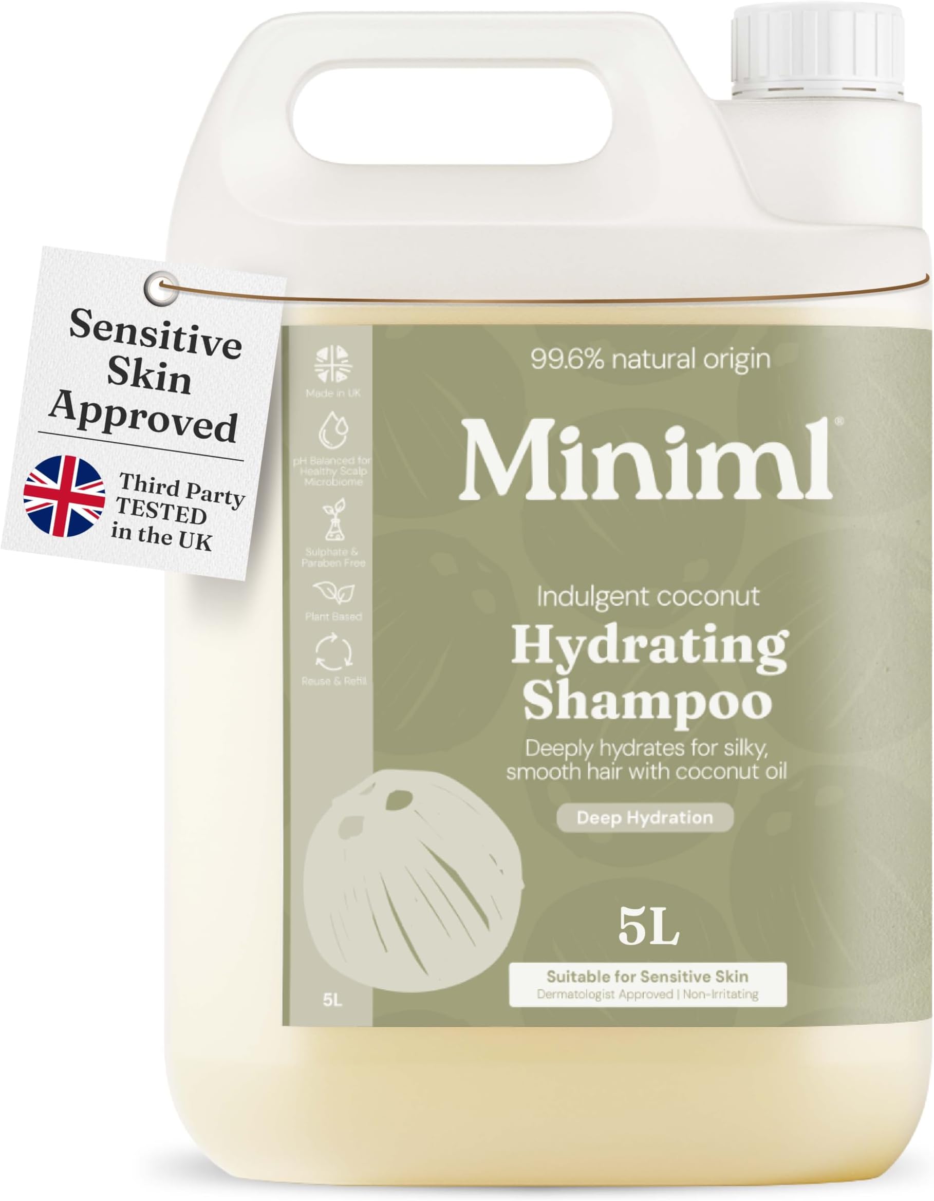 Natural Eco Hair Shampoo, 5L Refill Nourishing Coconut for Men and Women Sensitive Scalp and Skin Shampoo, for Oily Hair Curly, Dry and Dandruff