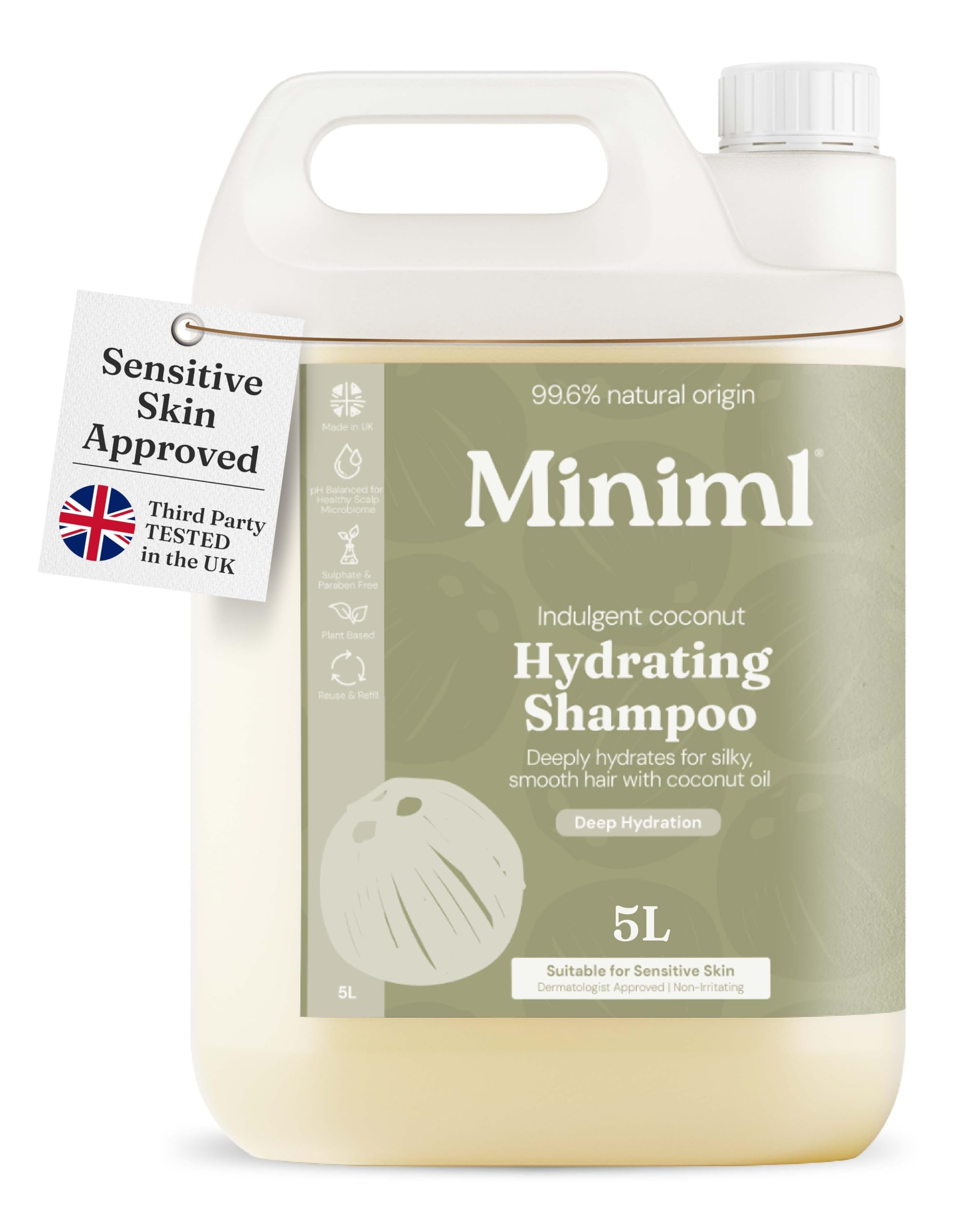 Miniml Natural Hair Shampoo Eco Friendly – 5L Refill Nourishing Coconut Men and Womens Sensitive Scalp & Skin Cruelty Free Vegan Shampoo - For Greasy, Curly, Dry and Dandruff Hair