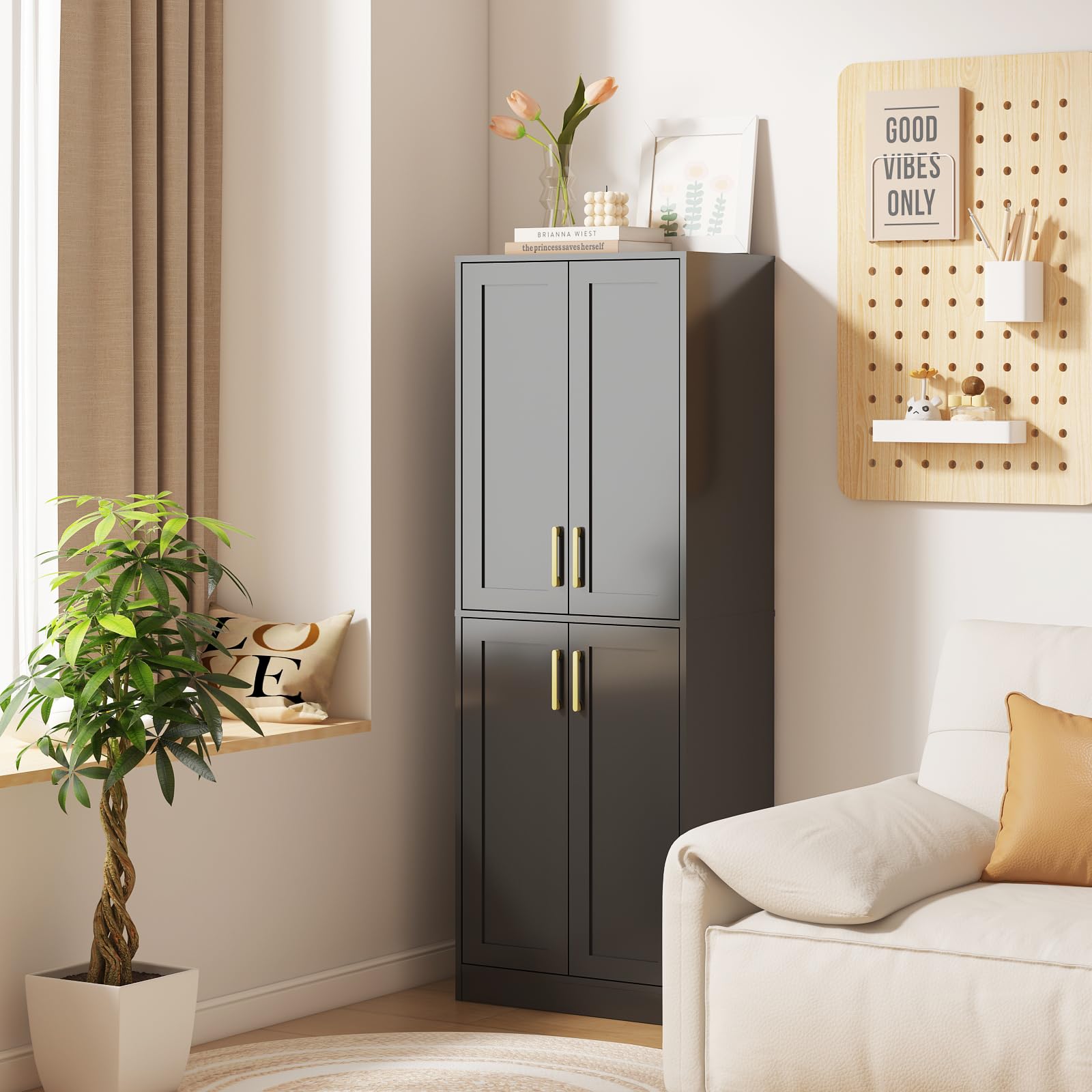 Armario de almacenamiento alto con puertas y estante para baño, sala de estar, entrada - negro 5