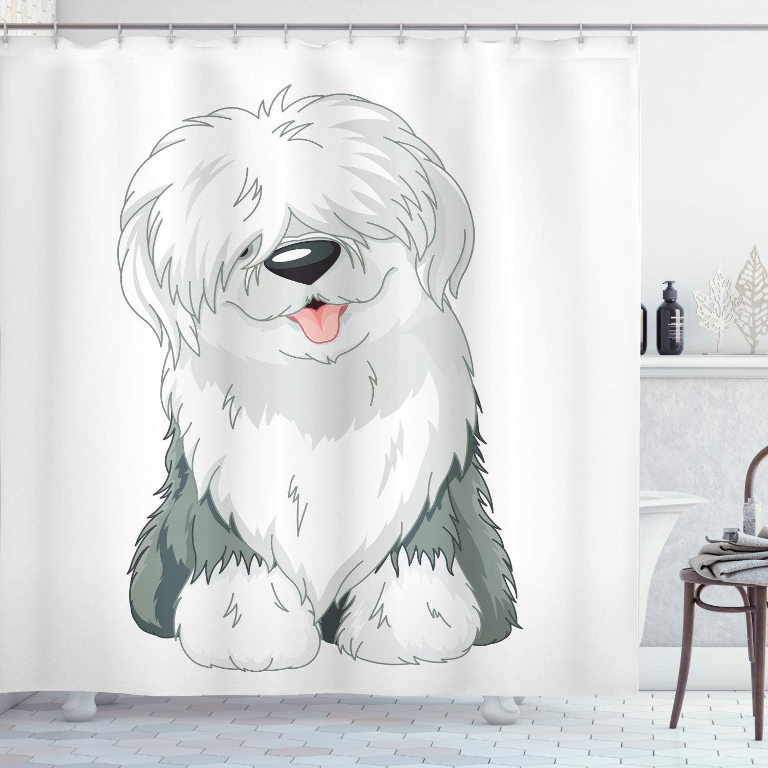 Ambesonne English Sheepdog Shower Curtain, Illustration of Domestic and Fluffy Sitting Animal on Plain Background, Cloth Fabric Bathroom Decor Set with Hooks, 69" W x 70" L, Off White Grey