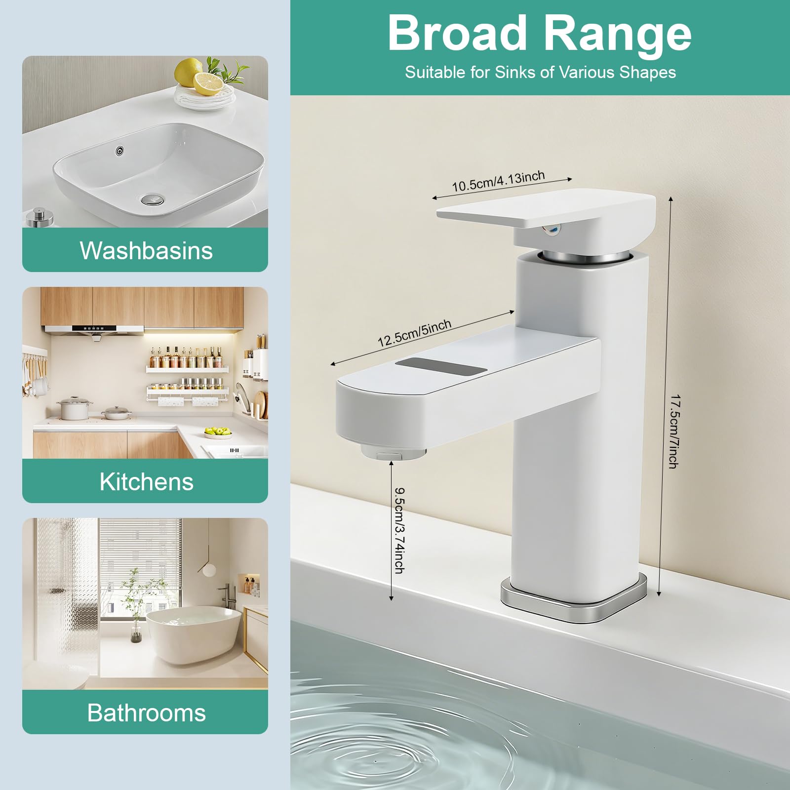Mitigeur Lavabo avec Affichage Numérique de Température, Robinet Salle de Bain Noir Blanc Monocommande, Robinet Vasque avec Mousseur et Cartouche Céramique, Eau Chaude Froide (Blanc)