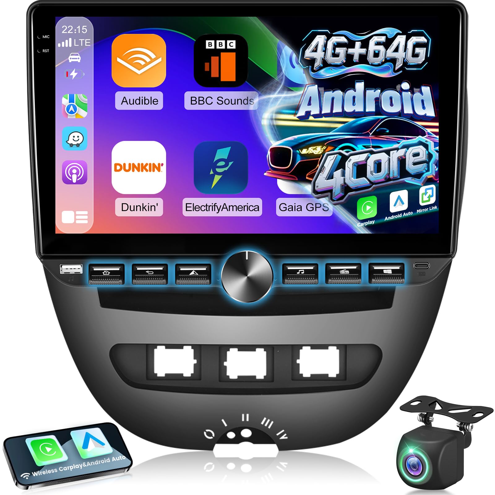 Radio para Coche 4G+64G para Toyota Aygo/Peugeot 107/Citroën C1 (2004-2014), Pantalla táctil Android de 10 Pulgadas, Audio 32EQ, Pantalla 1280 * 720, Carplay, Android Auto, SWC, Bluetooth 5.0, WiFi