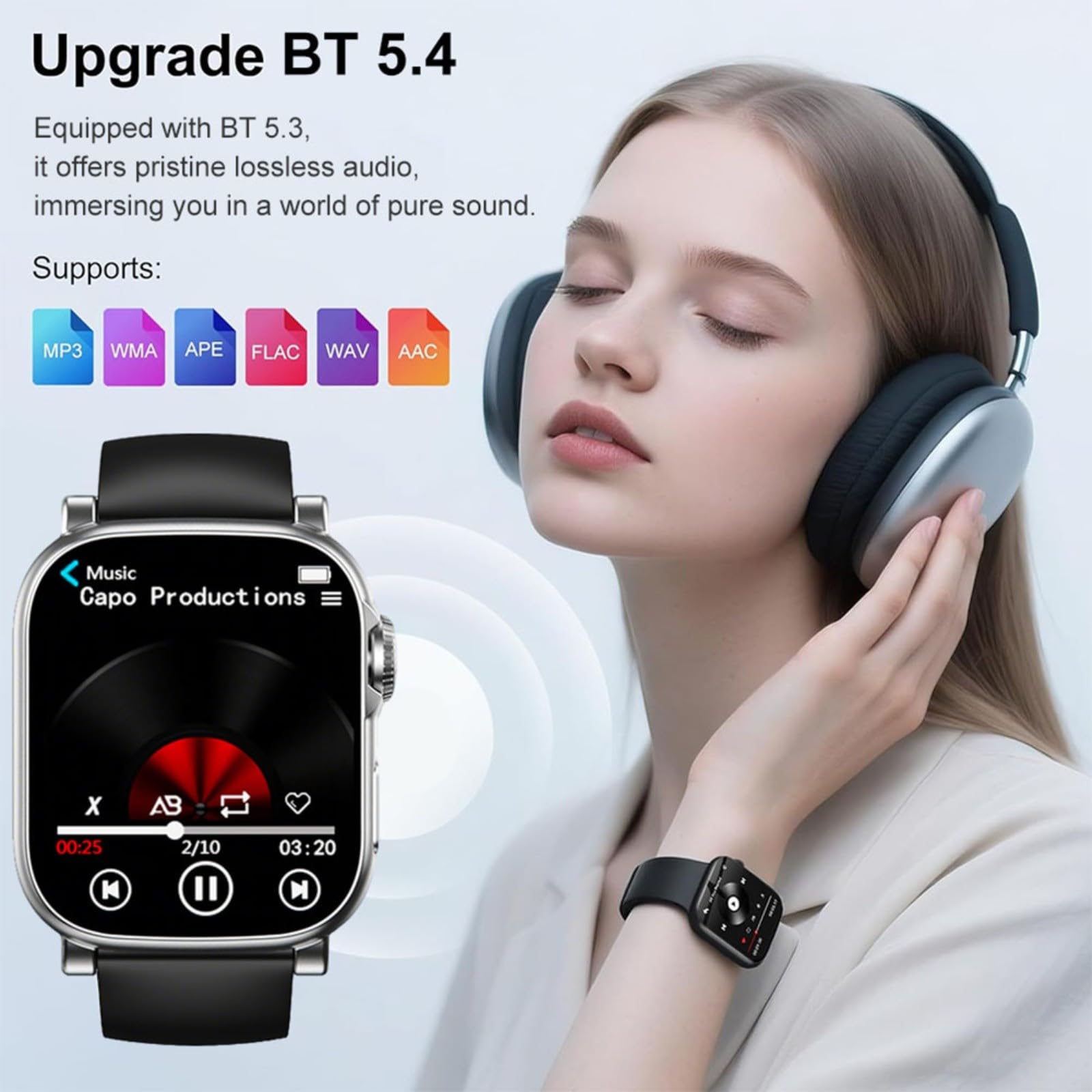 Reloj deportivo multifuncional con pantalla de 2.01 pulgadas, reproductor de música y video MP3, diseño de metal con altavoz externo para actividades al aire libre (negro y gris, 64 GB)