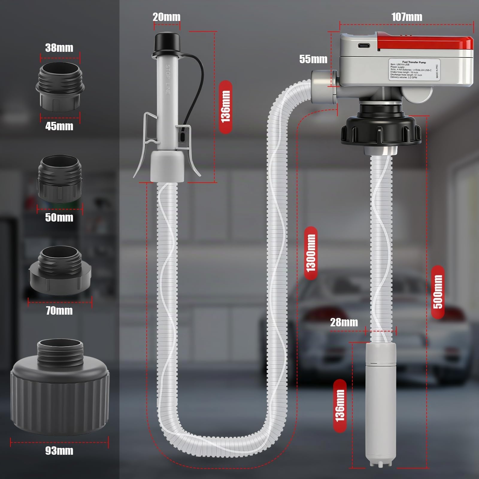 Pompa di Trasferimento del Carburante con Sensore di Arresto Automatico,Pompa Travaso Gasolio con 4 Dimensioni Adattatore Serbatoio,Pompa Travaso Liquidi Portata fino a 9 litri/minuto