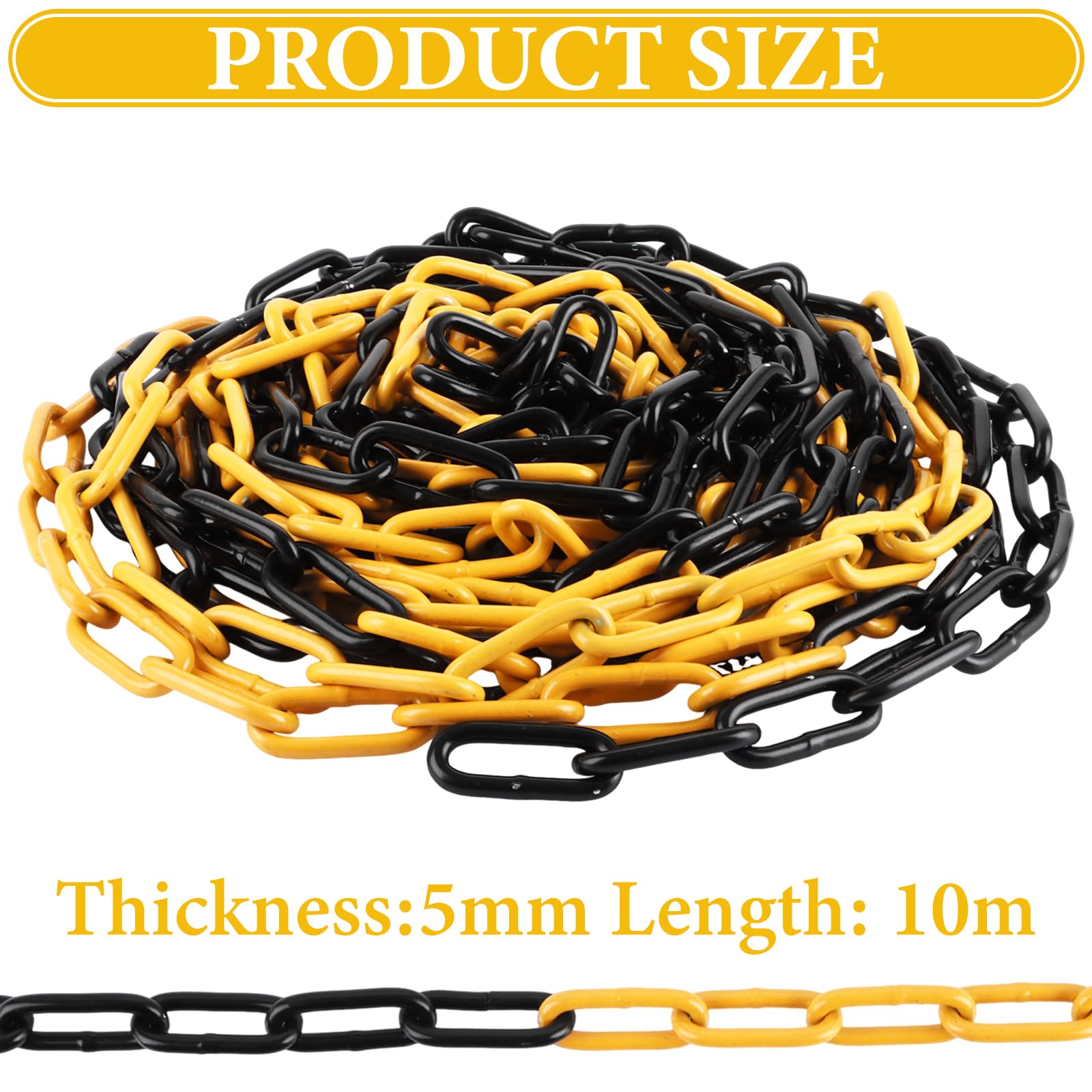 CYEER Catena di sicurezza in metallo (5 mm di spessore) – Catena in acciaio a righe giallo-nero – Robusta catena di sicurezza per parcheggio, cantiere, magazzini e industrie, resistente alle