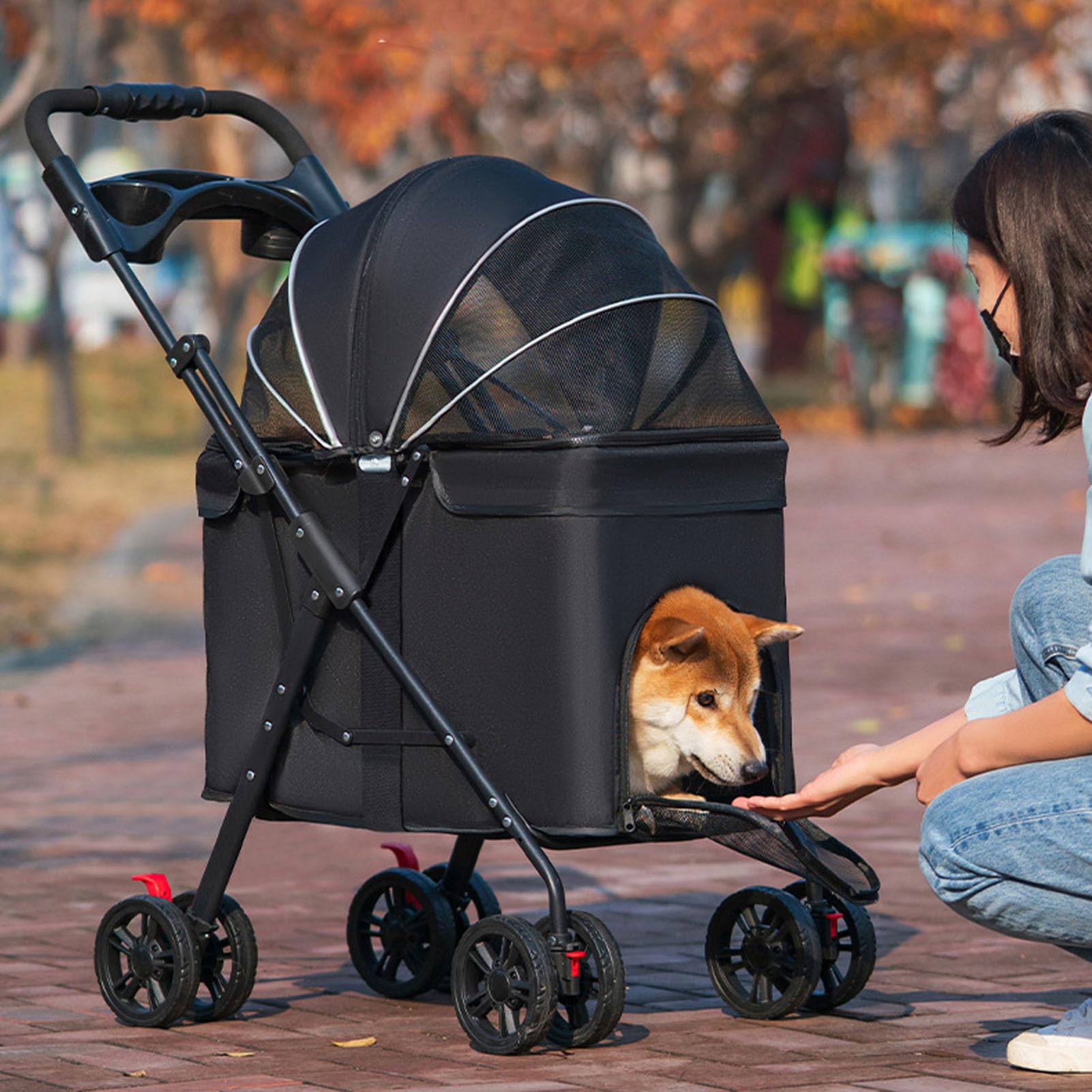 Yinhing Passeggino Pieghevole per Animali Domestici per Cani Gatti Trasportino da Viaggio a 4 Ruote con Parasole a 3 Vie Alimentazione con un Pieghevole e Freni Grigio (BLACK)