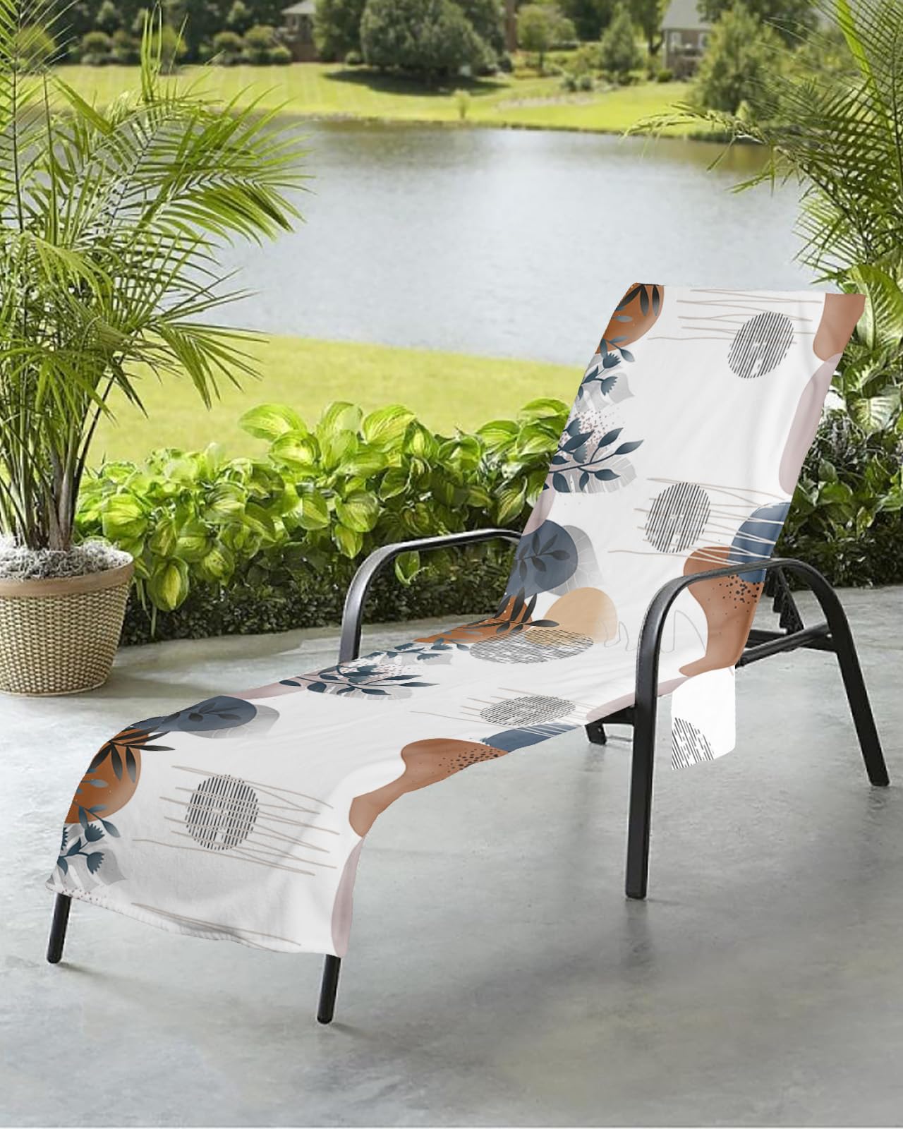 Beach Pool Patio Lounge Chaise Chair Cover Towel with Pockets,Geometric Eucalyptus Absorbent & Quick Dry Microfiber Towel Cover Bag Summer Travel Accessories Bohemian Leaves Modern Minimalist White