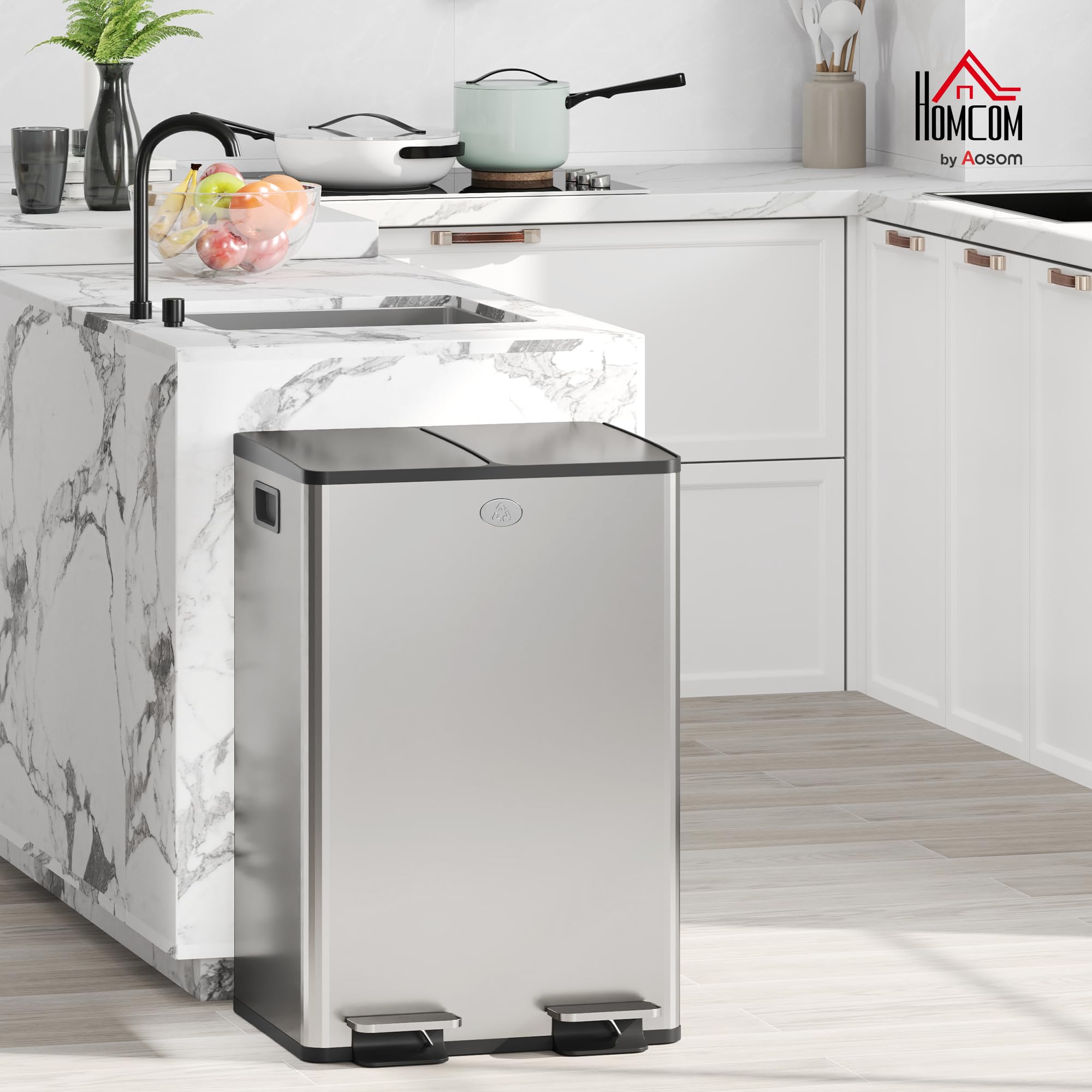 HOMCOM Pattumiera Differenziata 2 Scomparti 28L da Cucina a Pedale, Cestino Spazzatura con 2 Coperchi a Chiusura Silenziosa in Acciaio Inox e PP, 45.8x36x67.6 cm, Argento - 2