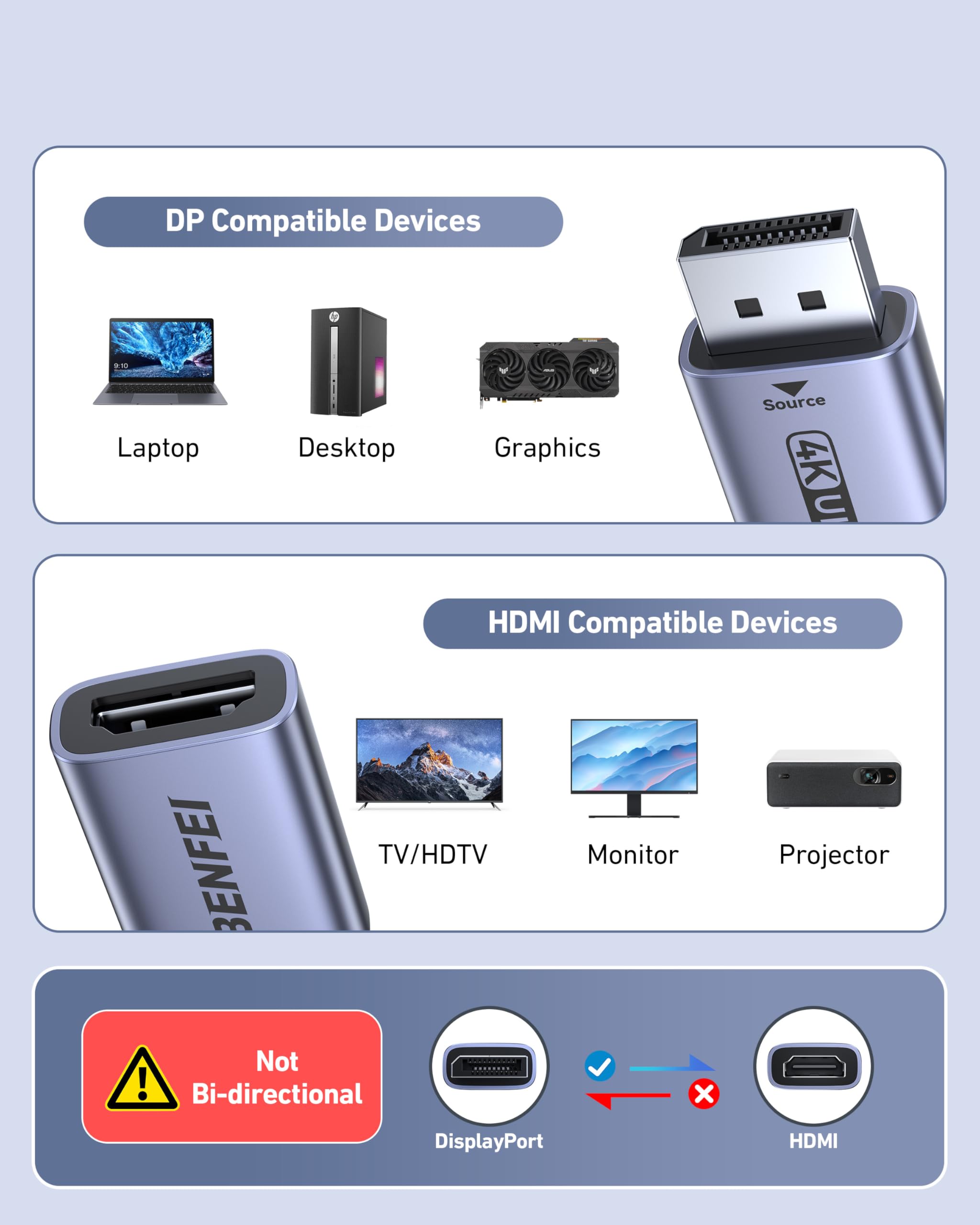 BENFEI Adattatore DisplayPort a HDMI 4K, confezione da 2, convertitore unidirezionale DP 1.2 a HDMI 1.4 maschio a femmina - Compatibile con laptop, desktop, monitor, HDTV, schede grafiche AMD/NVIDIA