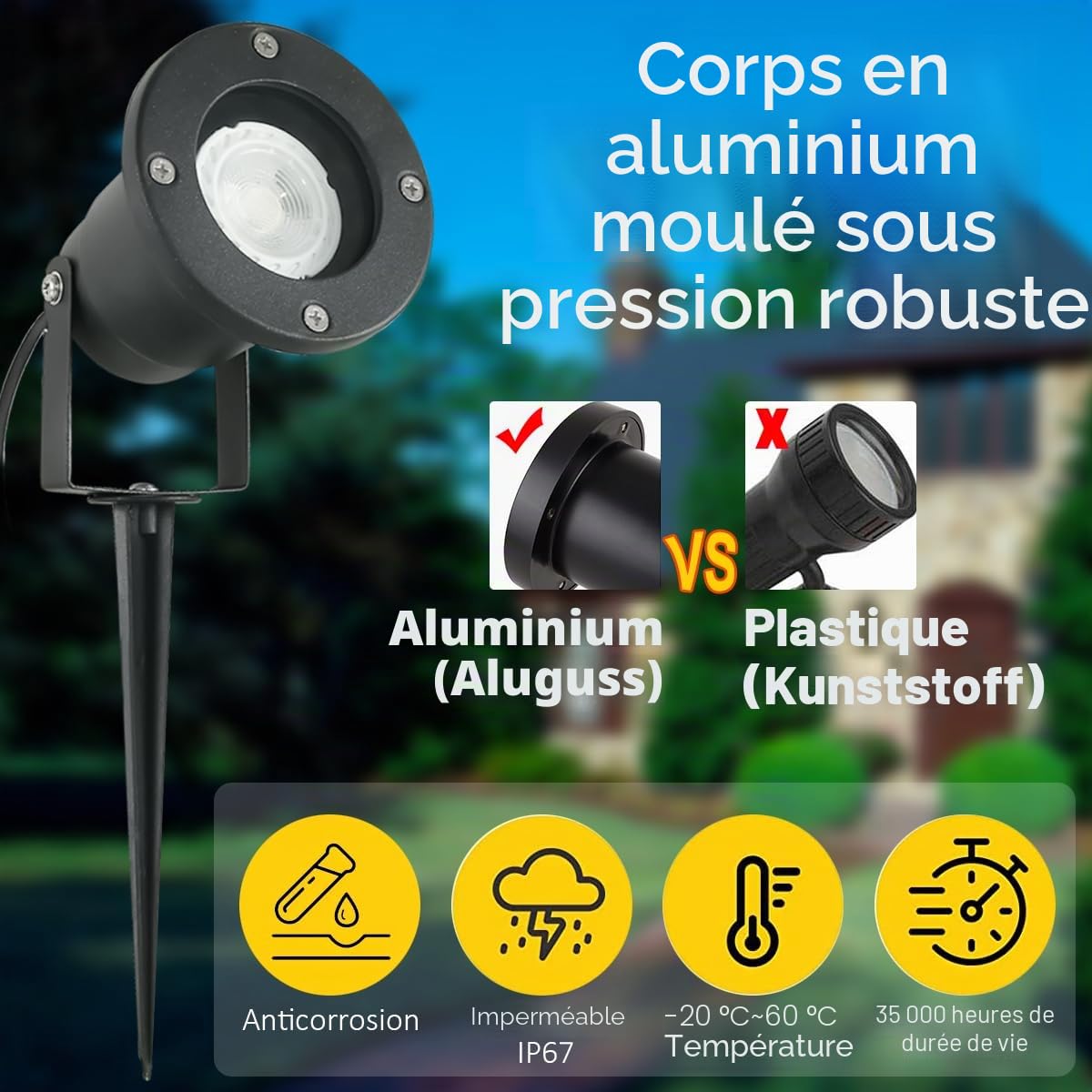 OMSEN Spot de Jardin sur Piquet GU10 7W Blanc Chaud 3000K Aluminium IP67 LED Extérieur