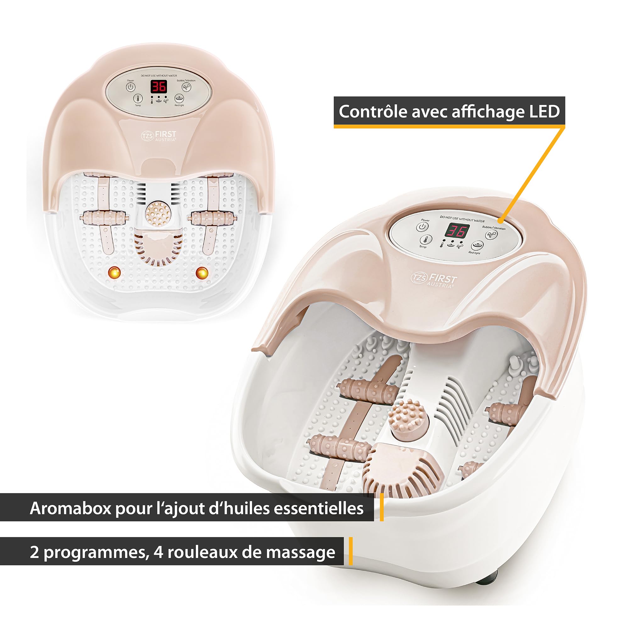 TZS First Austria - Bain de Pieds avec Massage - 450W - Écran LED & Lumière Rouge - Jusqu'à la Pointure 43 - 3 Accessoires, Protection Anti-Éclaboussures & Boîte à Arôme - Beige