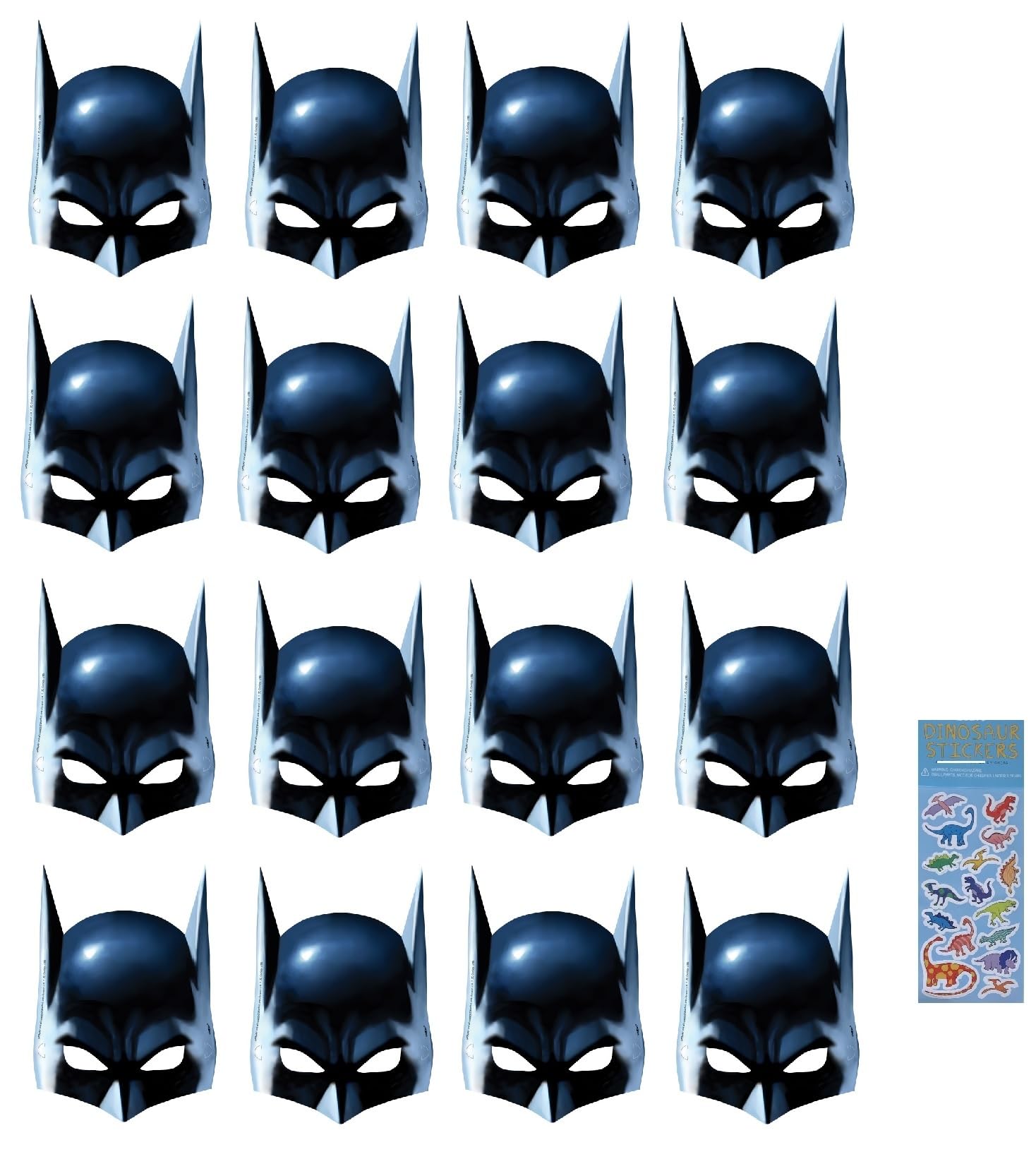 Unique Batman Super Hero Birthday Party Supplies Favor Bundle includes 16 Party Paper Masks with 1 Dinosaur Sticker Sheet