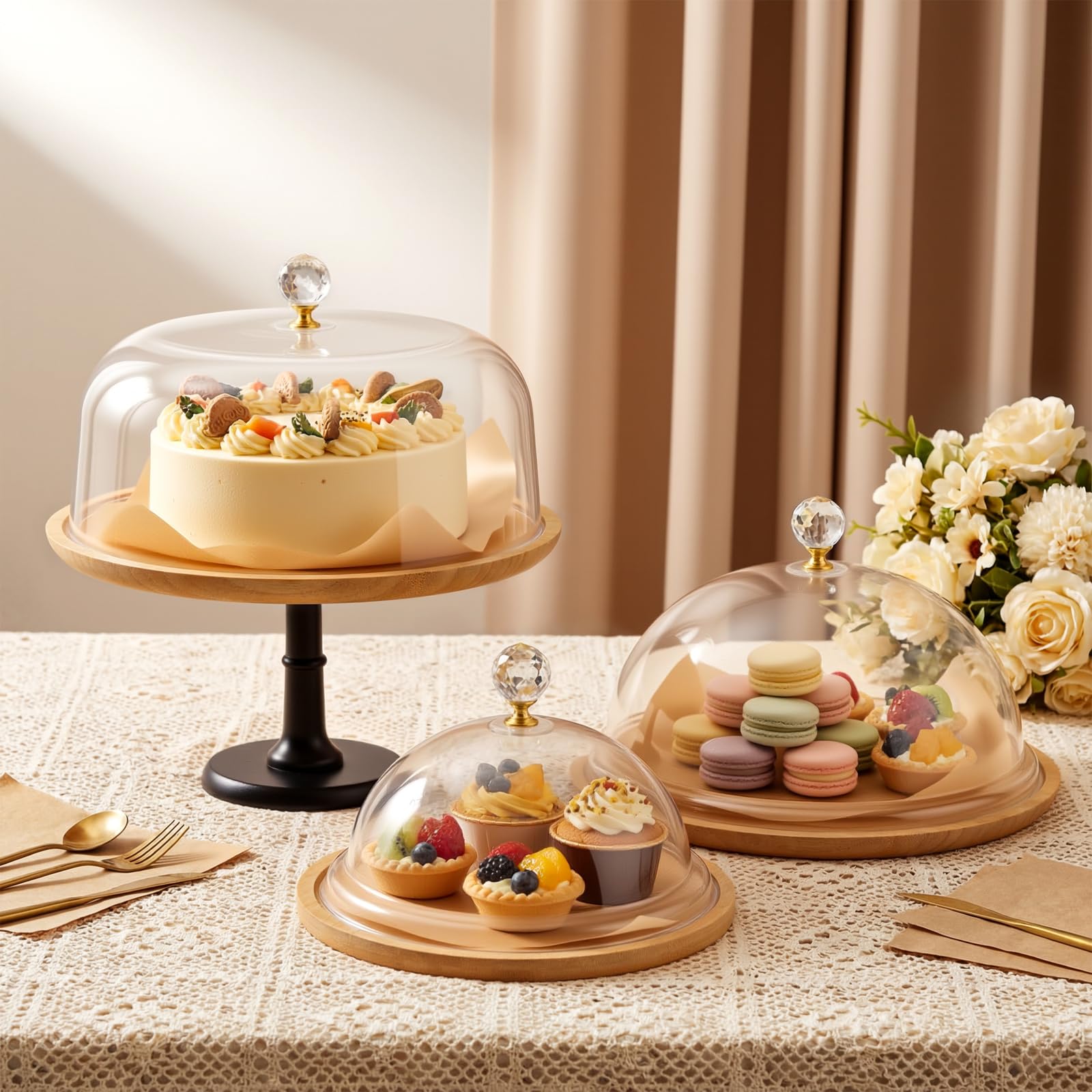 Photo 1 of Lallisa Set of 3 Cake Stand with Lid Set, 12" Bamboo Wood Cake Stand with Dome, Dessert & Charcuterie Display with Large Acrylic Dome, Wooden Display Risers for Wedding, Party, Home Decoration