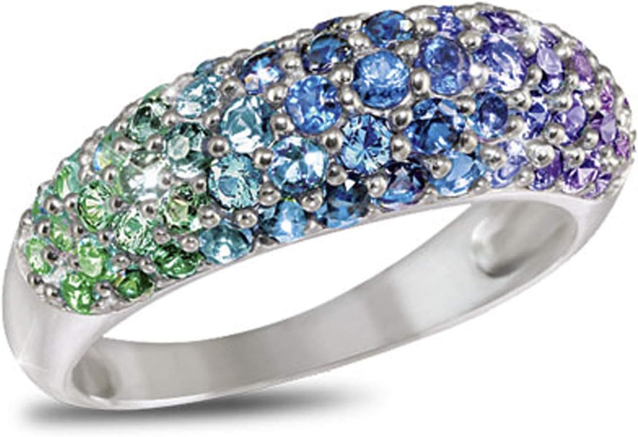 The Bradford Exchange 'Charisma' Diamonesk® Ring –with Over 3 Carats of Simulated Emeralds, Sapphires & Amethysts Contemporary Dome Design. Presented in Solid Sterling Silver Setting. Gift Box