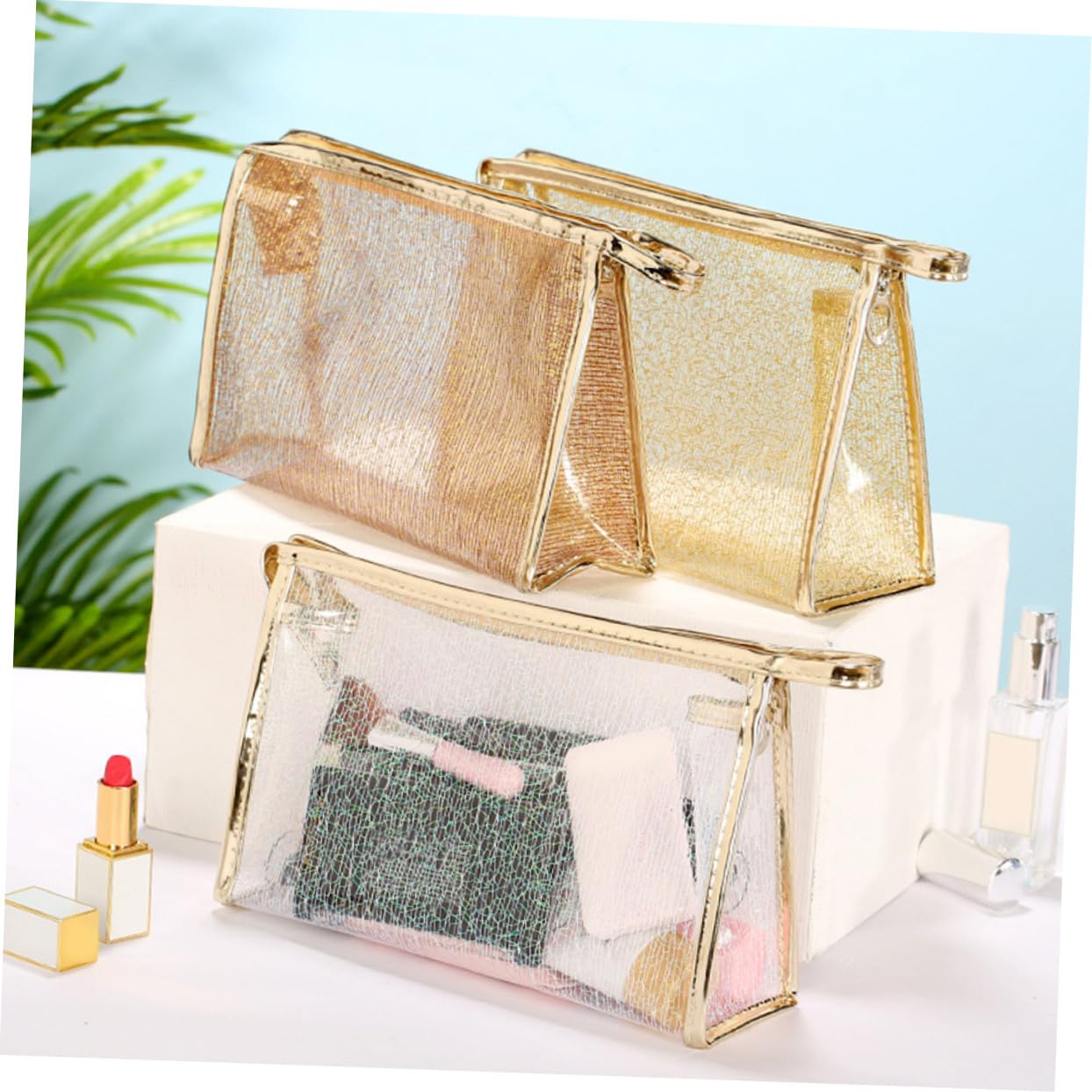3 pezzi Pochette Trasparenti Tpu con Zip Organizer Beauty Case Viaggio Borsa Toilette Multifunzionale Portatile per Cosmetici e Toeletta Bianco Caffè Oro