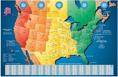 Mapa de códigos de área de zona horaria de Norteamérica, laminado brillante a todo color, incluye búsqueda inversa